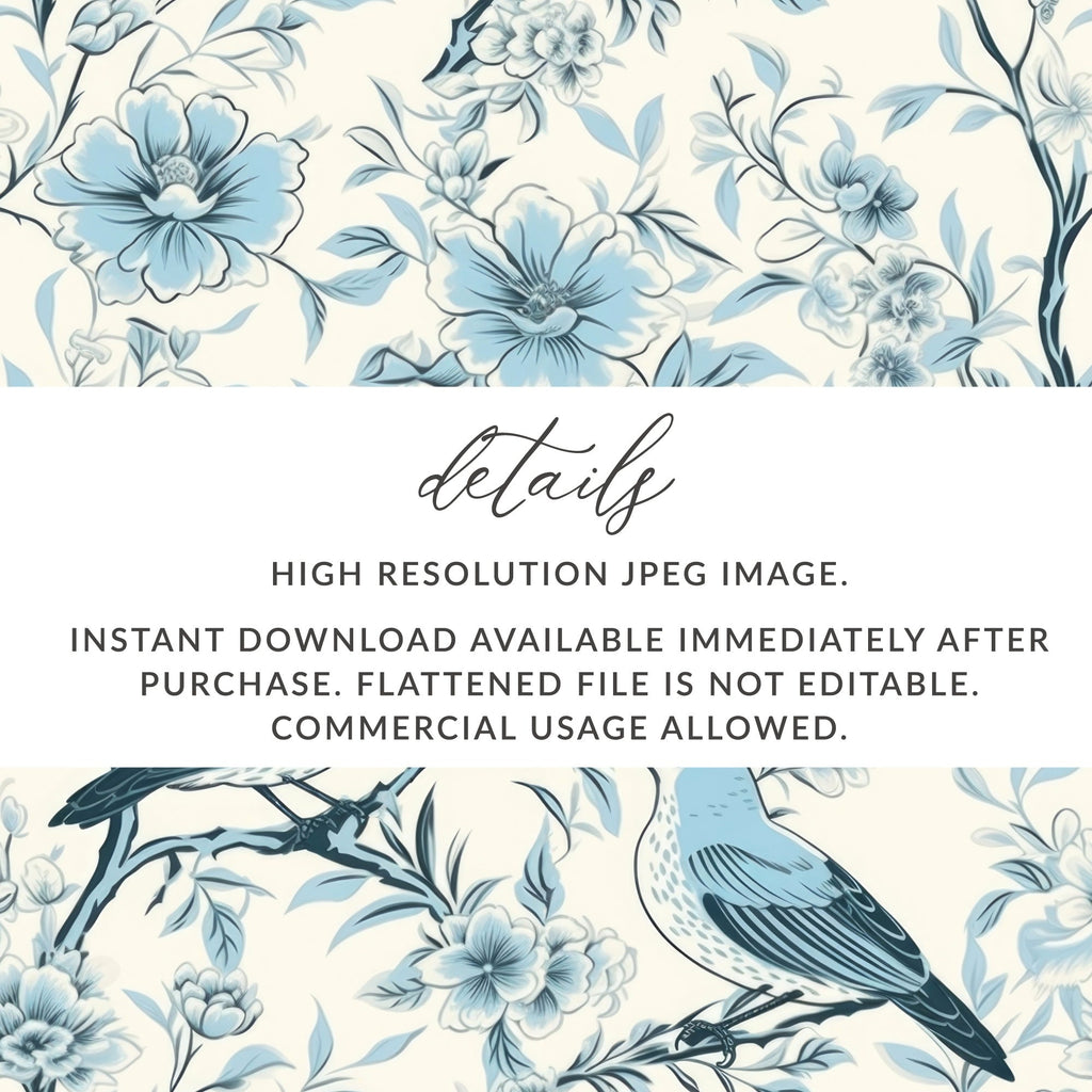 Chinoiserie Vines and Birds Seamless Pattern With Flowers Pattern Artwork Sky Blue Theme Digital - Moore and Mountain