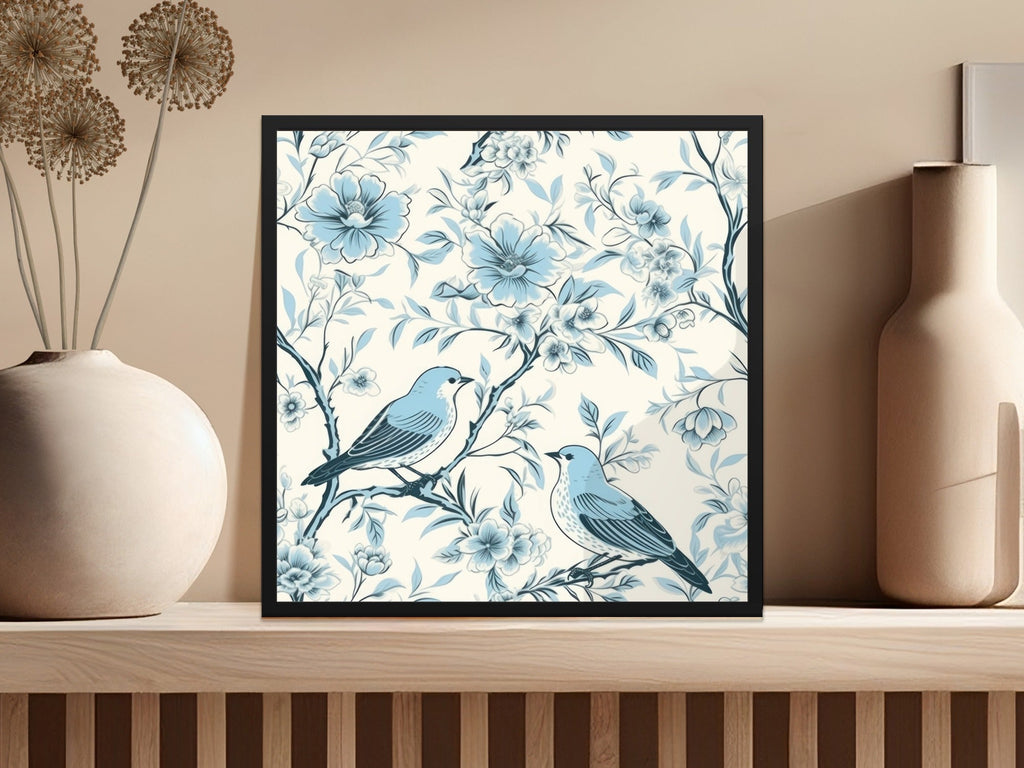 Chinoiserie Vines and Birds Seamless Pattern With Flowers Pattern Artwork Sky Blue Theme Digital - Moore and Mountain