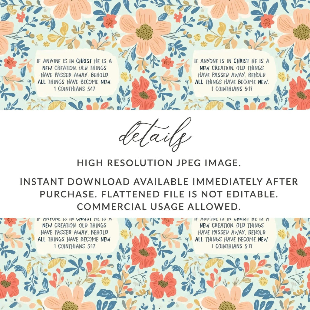 Christian Floral Digital Paper, Seamless Pattern, Scripture Art, Digital Download, Commercial Use, Print on Demand, JPEG, 12x12 Inch - Moore and Mountain