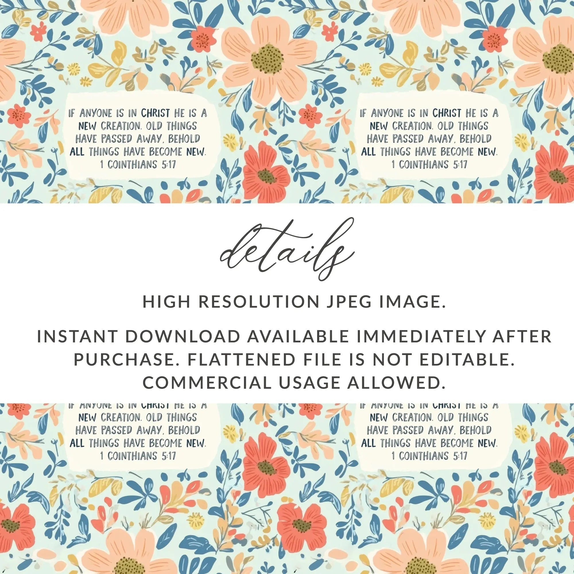 Christian Floral Digital Paper, Seamless Pattern, Scripture Art, Digital Download, Commercial Use, Print on Demand, JPEG, 12x12 Inch - Moore and Mountain
