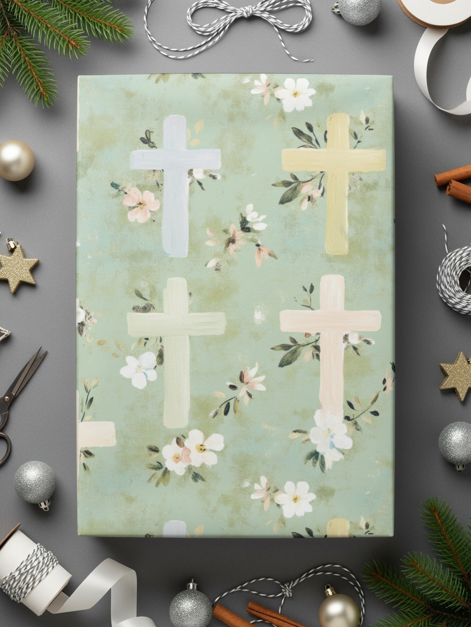 Elegant Floral Crosses Design on Green Wrapping Paper