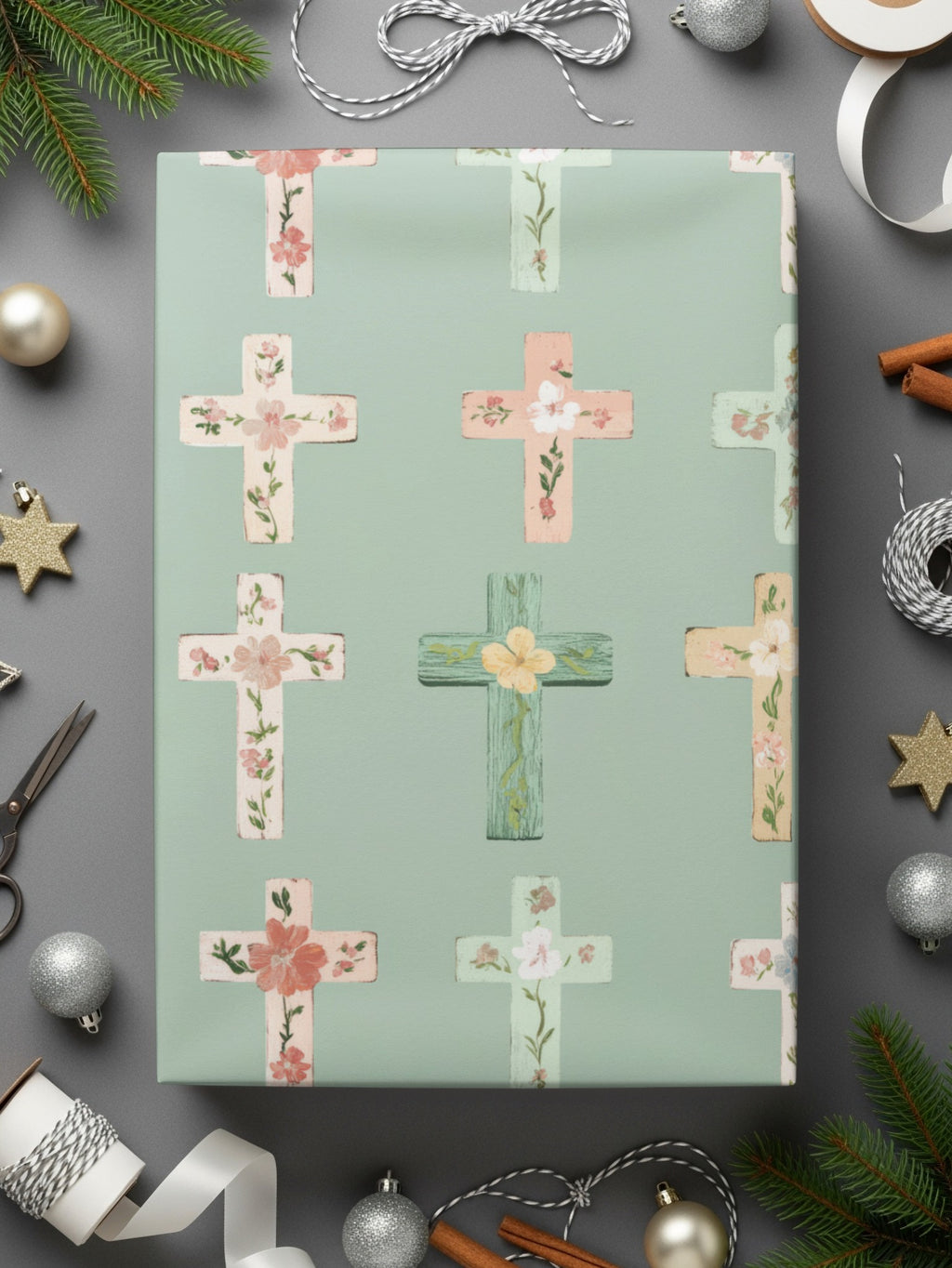 Floral Cross Pattern Green Gift Wrapping Paper