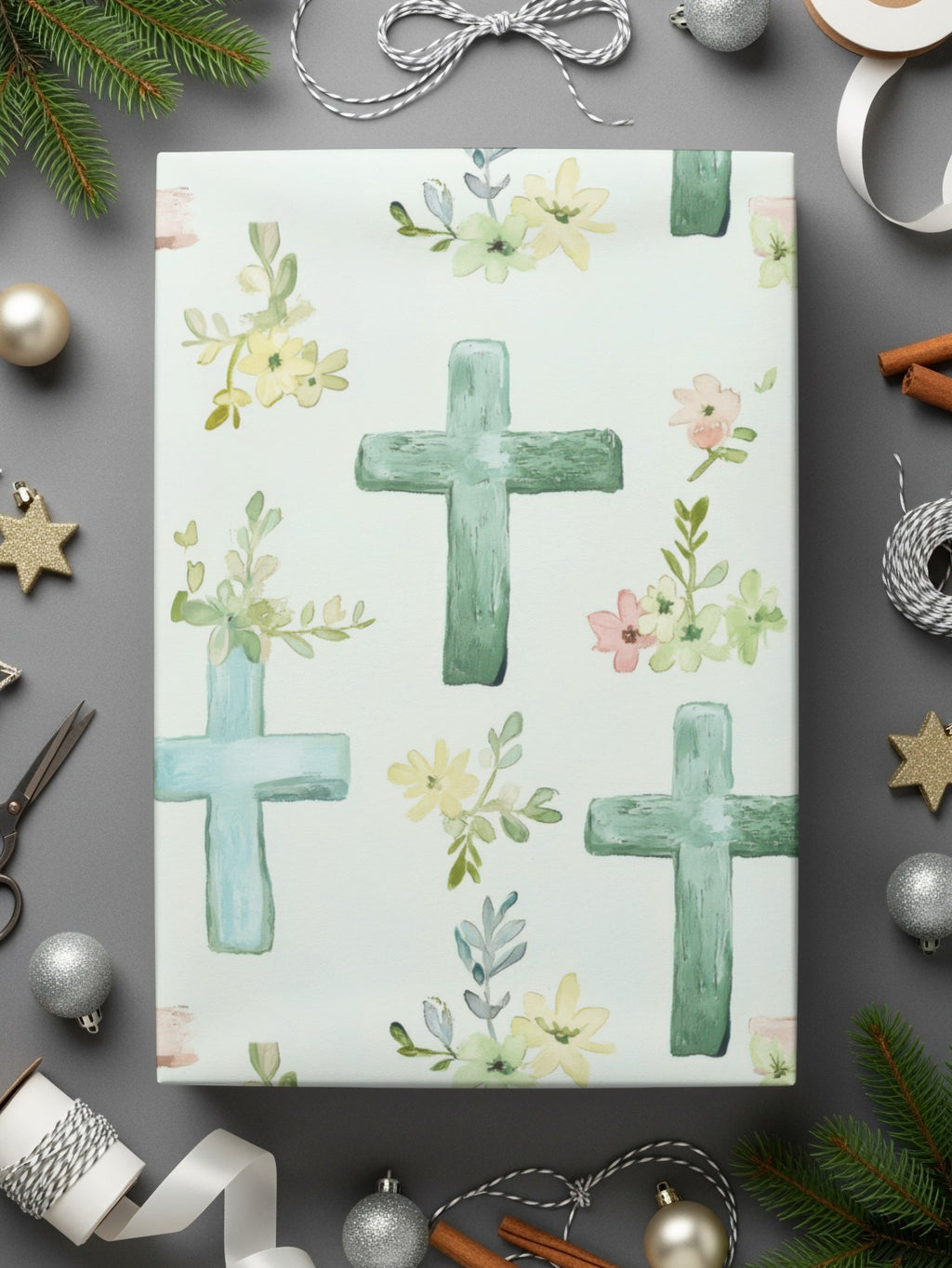 Elegant Floral Cross Pattern Gift Wrap Paper
