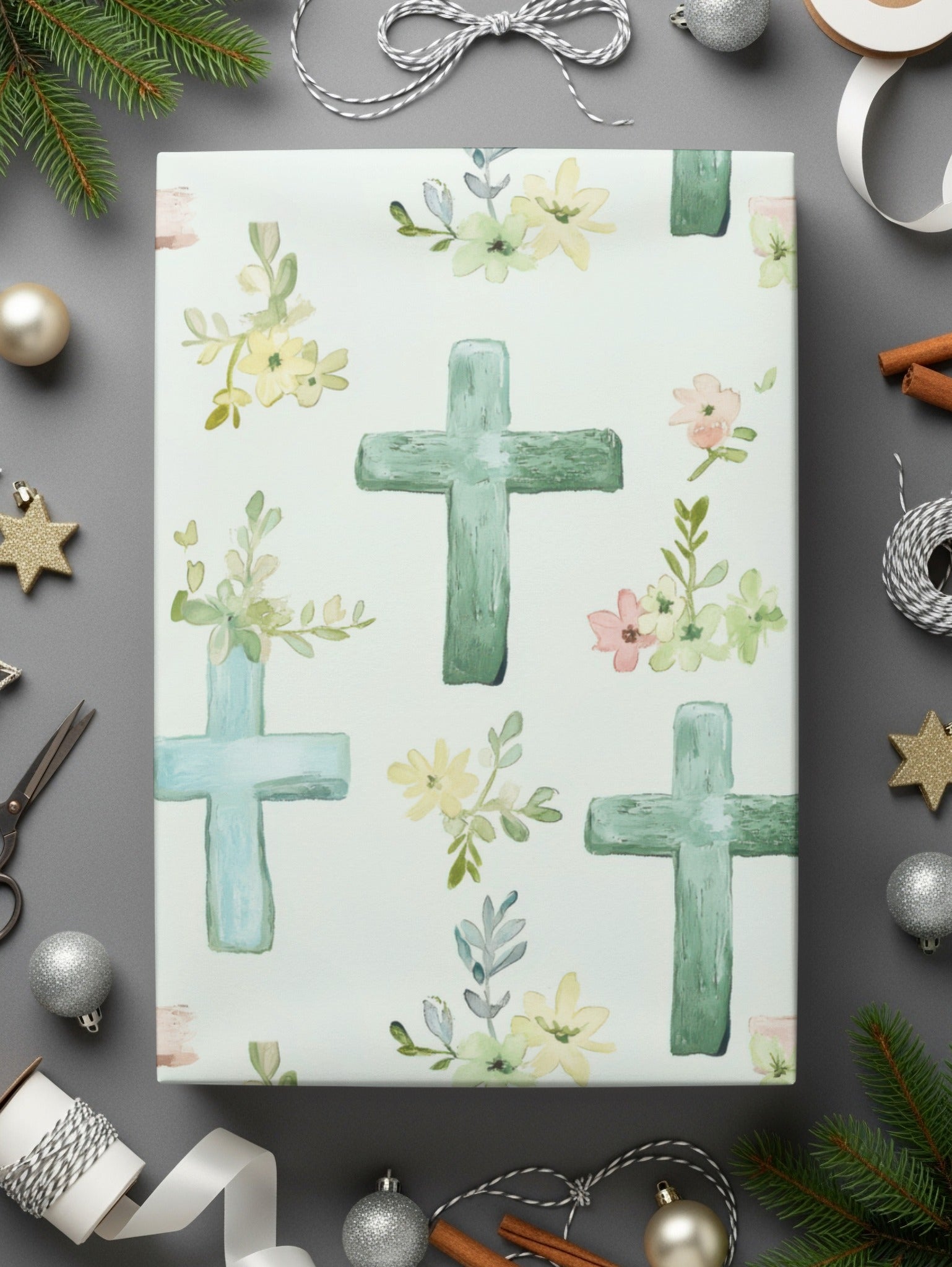 Elegant Floral Cross Pattern Gift Wrap Paper