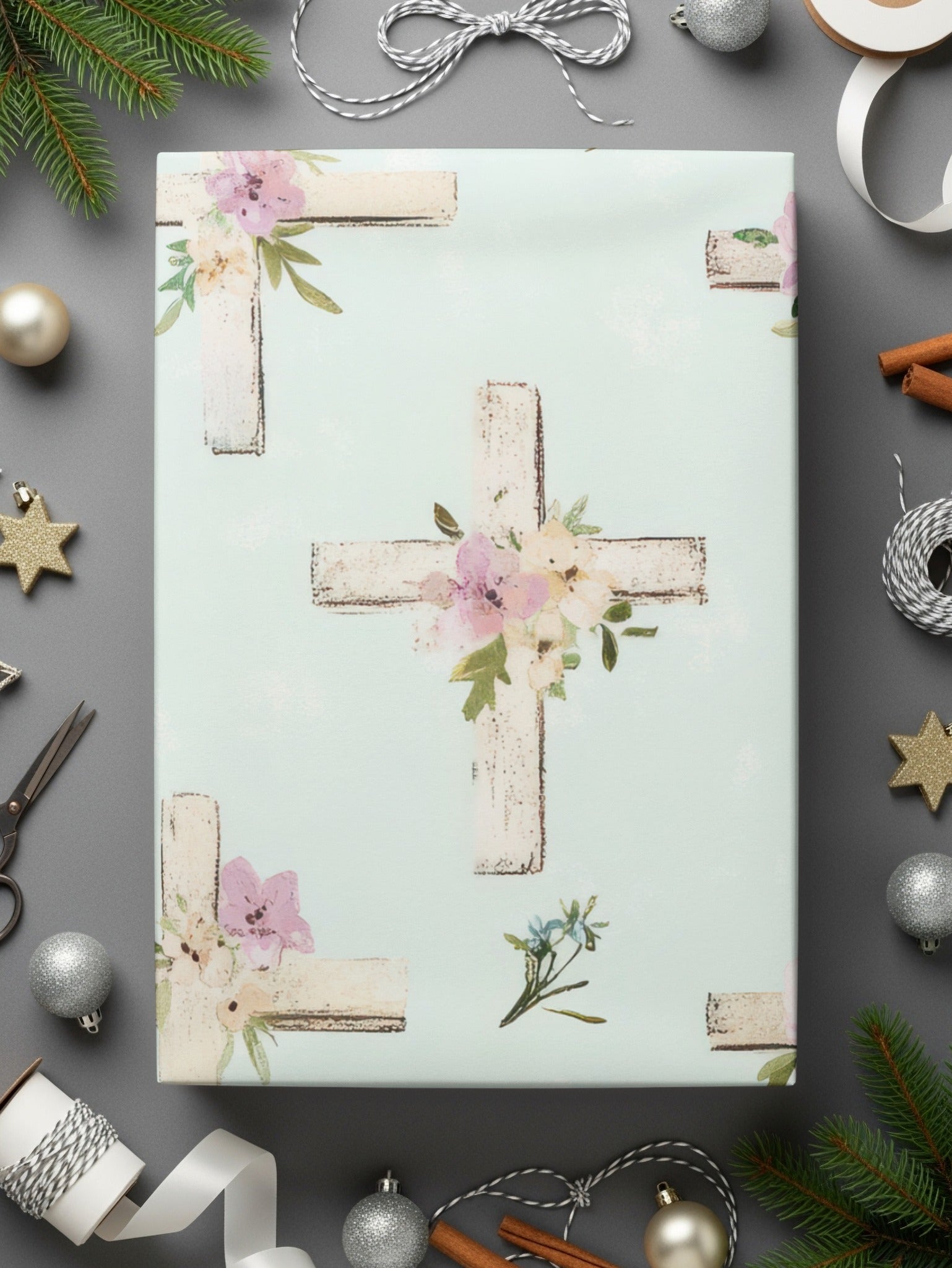 Rustic Cross Design Floral Wrapping Paper For Gifts