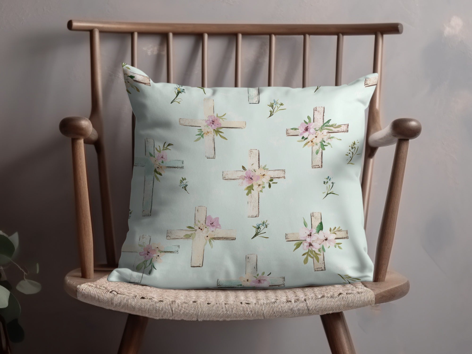 Cross Pattern with Floral Accents Throw Pillow