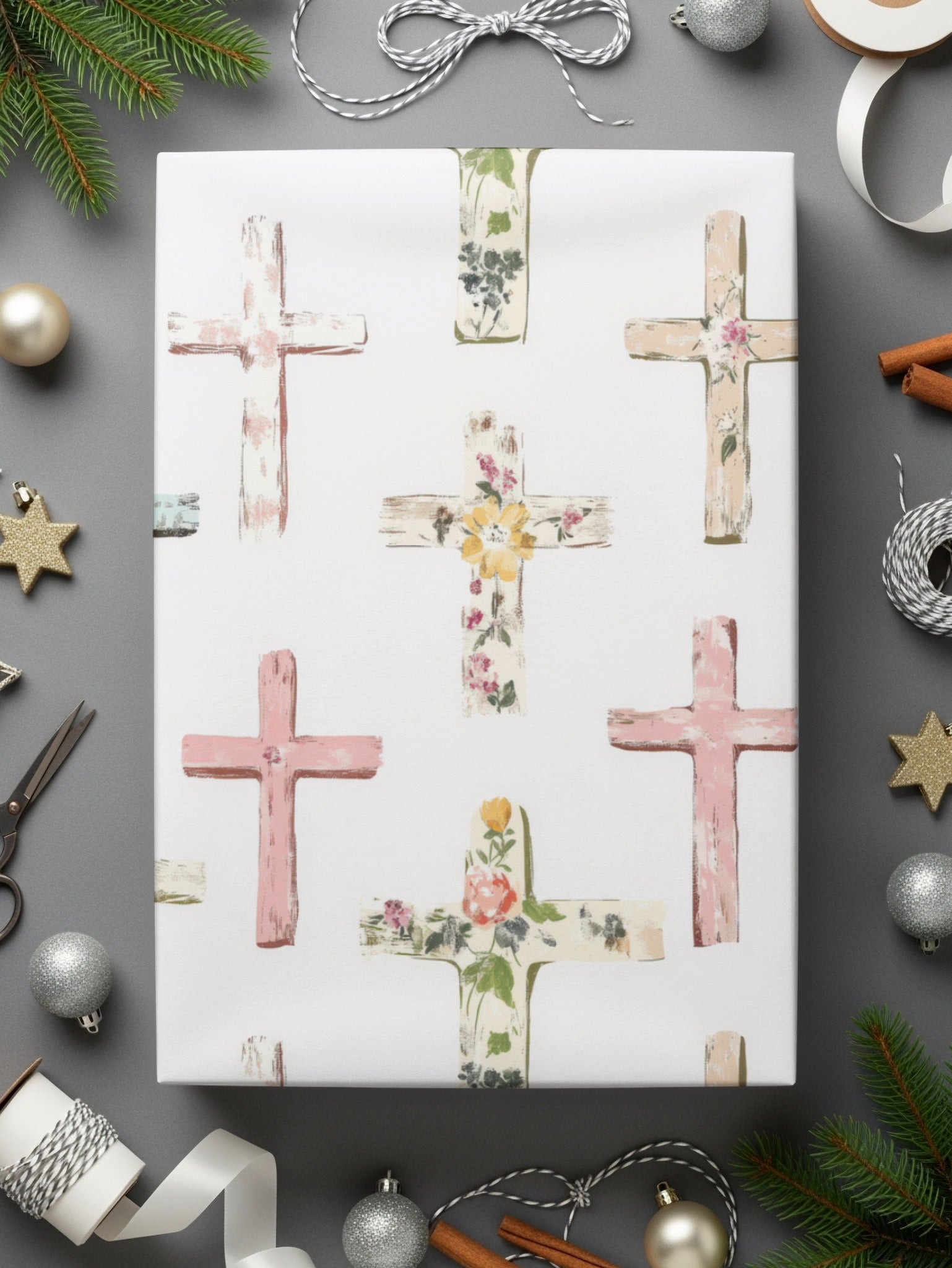 Vintage Floral Crosses Gift Wrapping Paper for Christmas