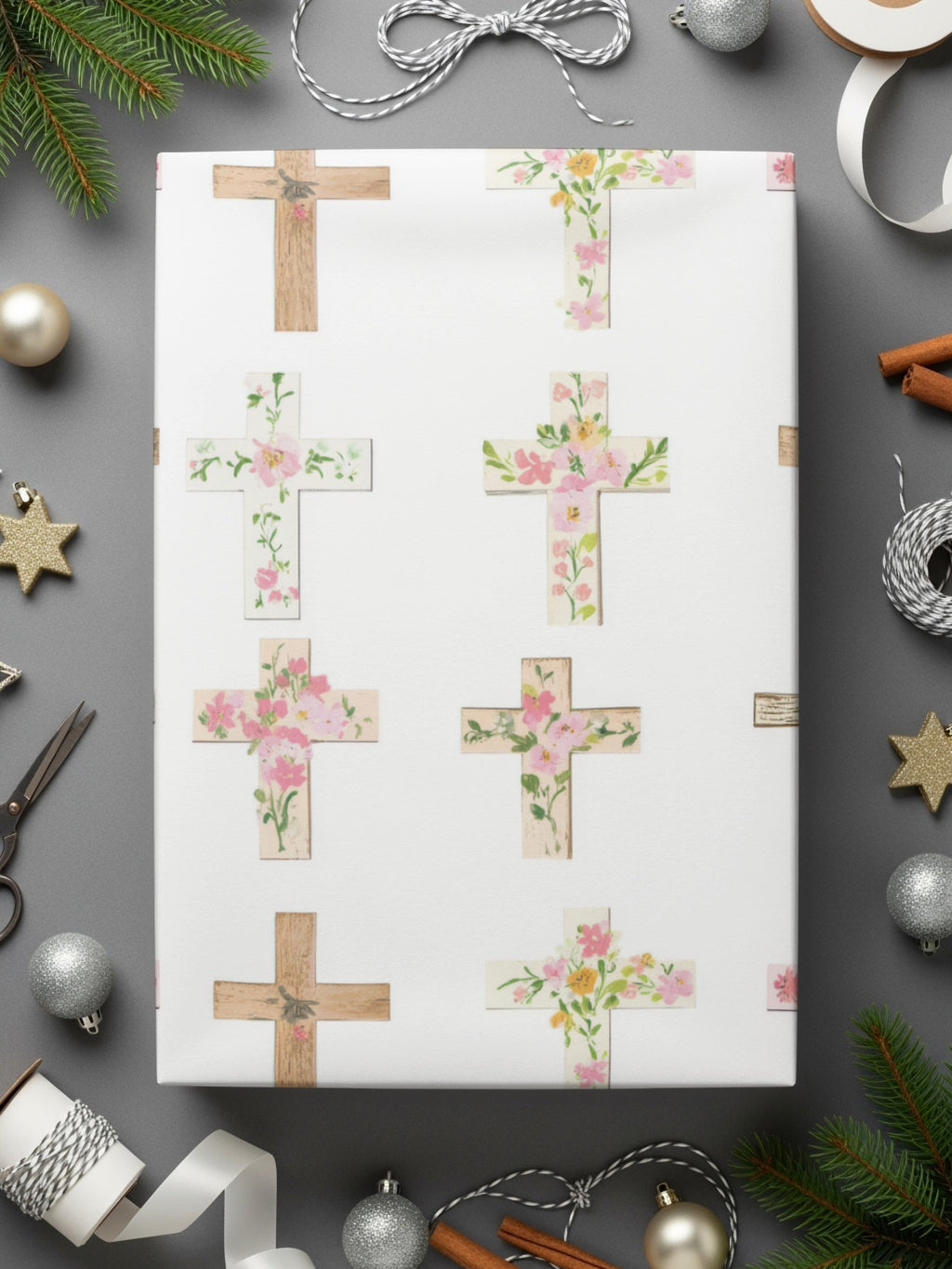 Floral Crosses Wrapping Paper for Festive Gift Wrapping
