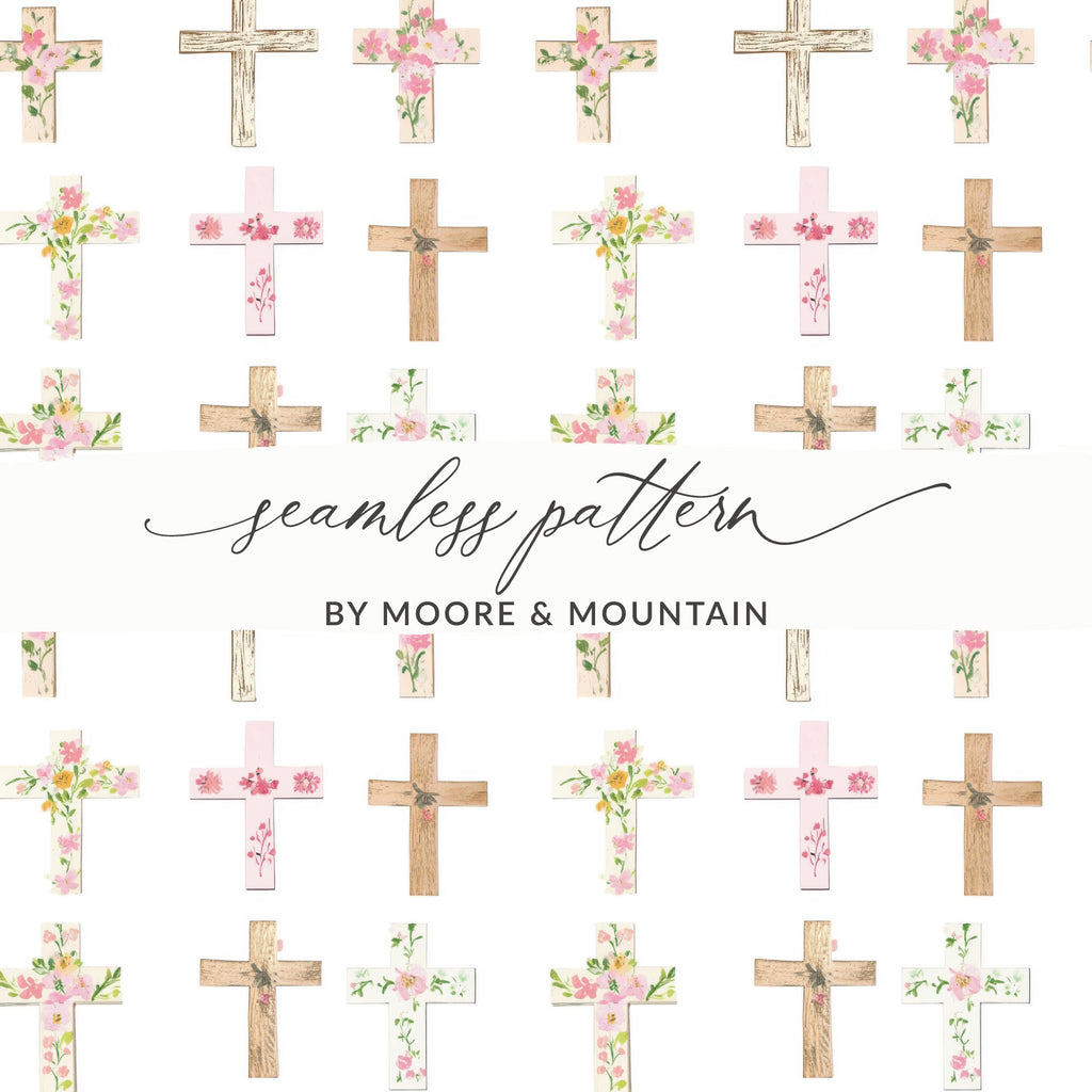 Seamless Pattern with Floral and Wooden Cross Design