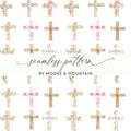 Seamless Pattern with Floral and Wooden Cross Design