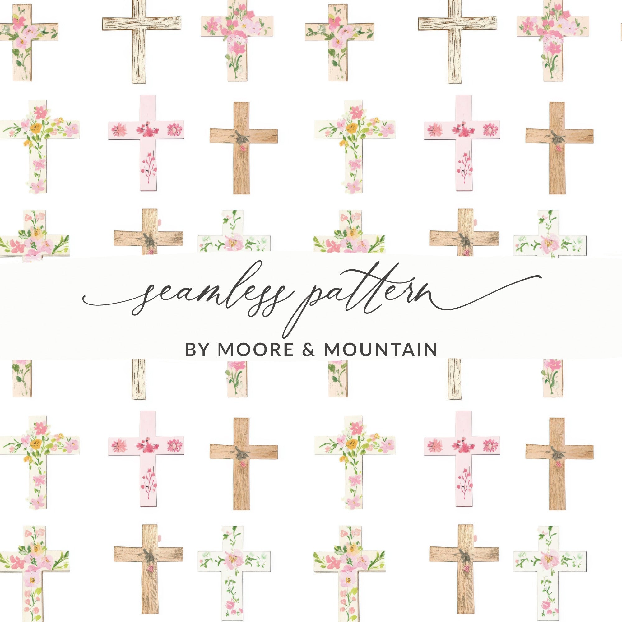 Seamless Pattern with Floral and Wooden Cross Design
