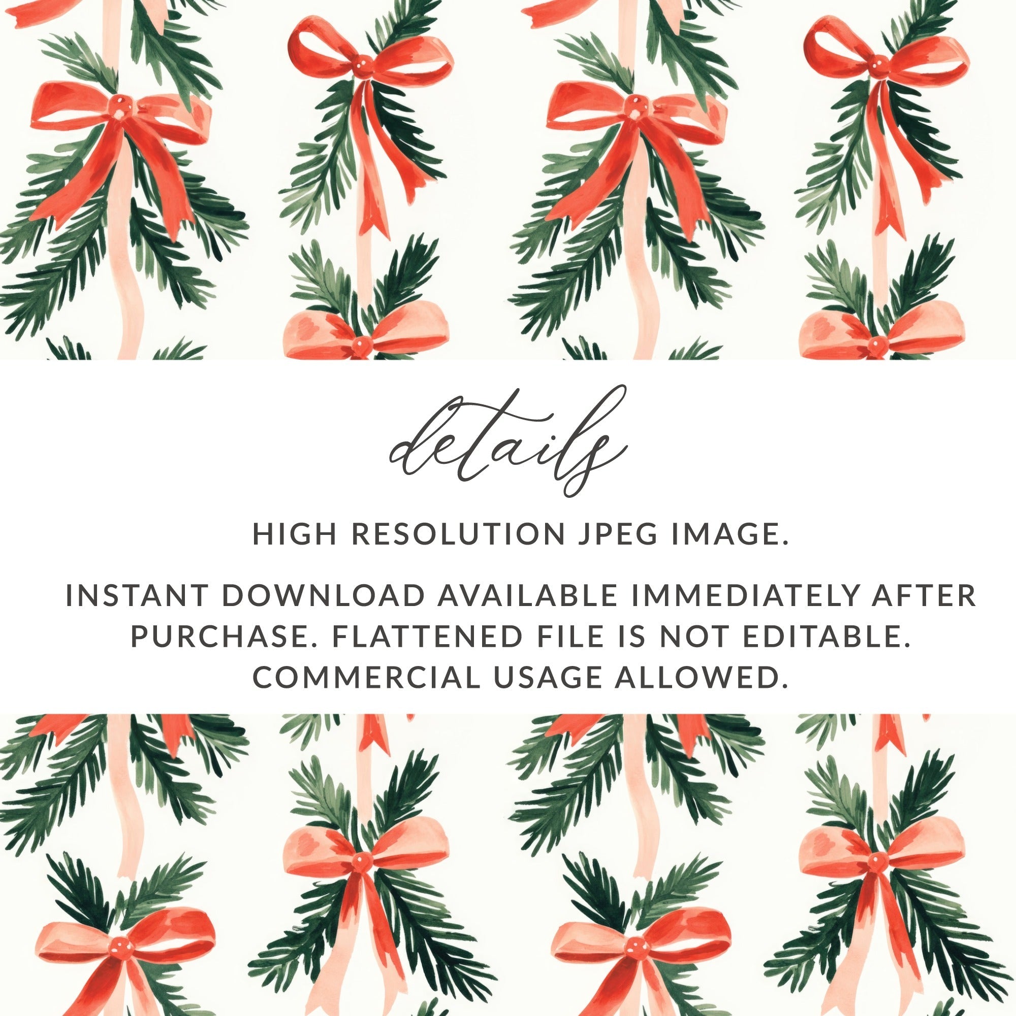 Christmas Bow Seamless Pattern Digital Paper, Holiday Scrapbook Paper, Festive Design, Watercolor Pine Branches, Gift Wrap DIY - Moore and Mountain