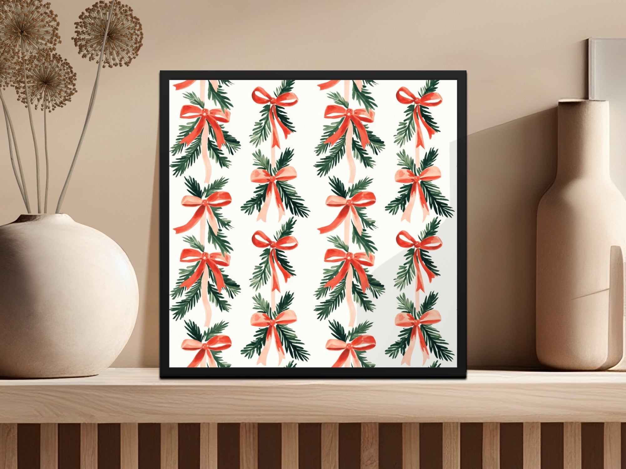 Christmas Bow Seamless Pattern Digital Paper, Holiday Scrapbook Paper, Festive Design, Watercolor Pine Branches, Gift Wrap DIY - Moore and Mountain