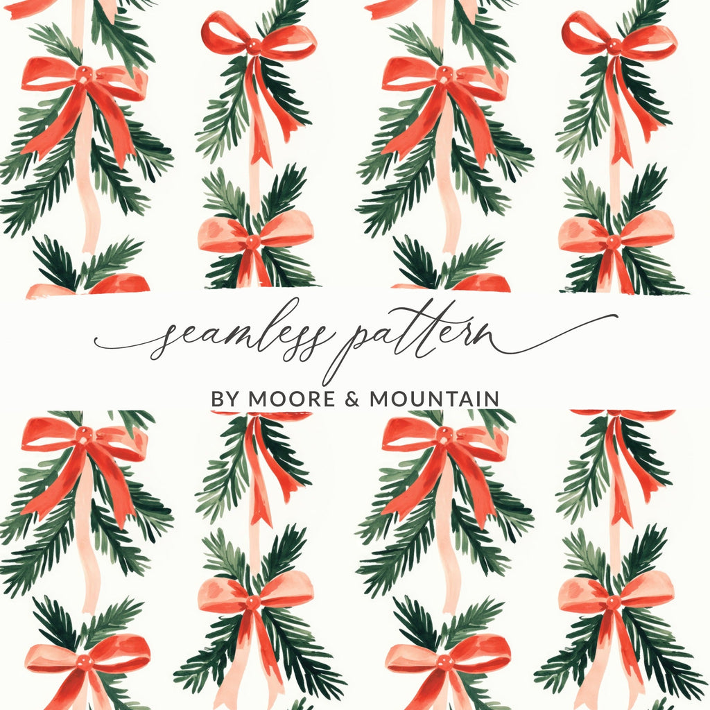 Christmas Bow Seamless Pattern Digital Paper, Holiday Scrapbook Paper, Festive Design, Watercolor Pine Branches, Gift Wrap DIY - Moore and Mountain
