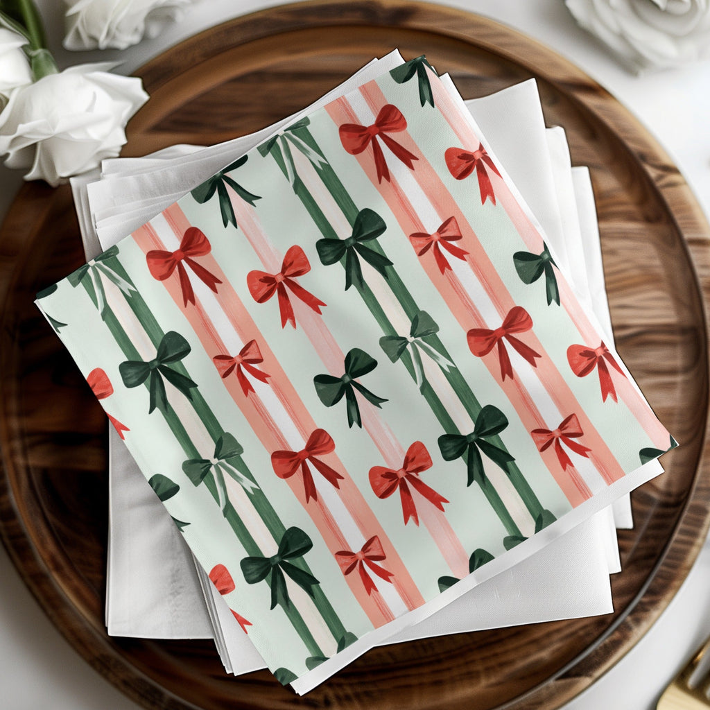 Christmas Bows Digital Paper, Red Green White Striped Pattern, Holiday Gift Wrap, Scrapbook Paper, Printable Background, Digital Download - Moore and Mountain