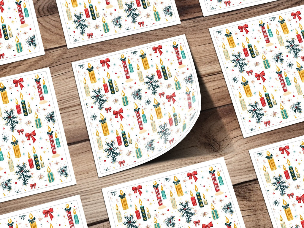 Christmas Candle Digital Paper, Holiday Pattern for Scrapbooking, Red Bow Seamless Pattern, Winter Clipart Background, Teal Gold Candles - Moore and Mountain