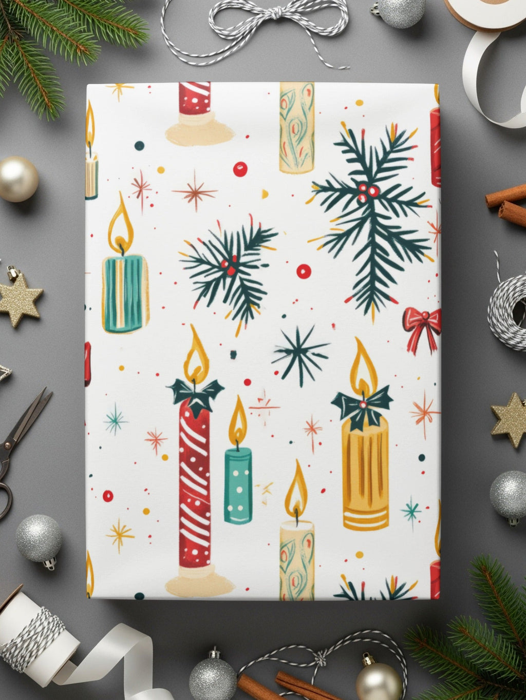Christmas Candle Digital Paper, Holiday Pattern for Scrapbooking, Red Bow Seamless Pattern, Winter Clipart Background, Teal Gold Candles - Moore and Mountain