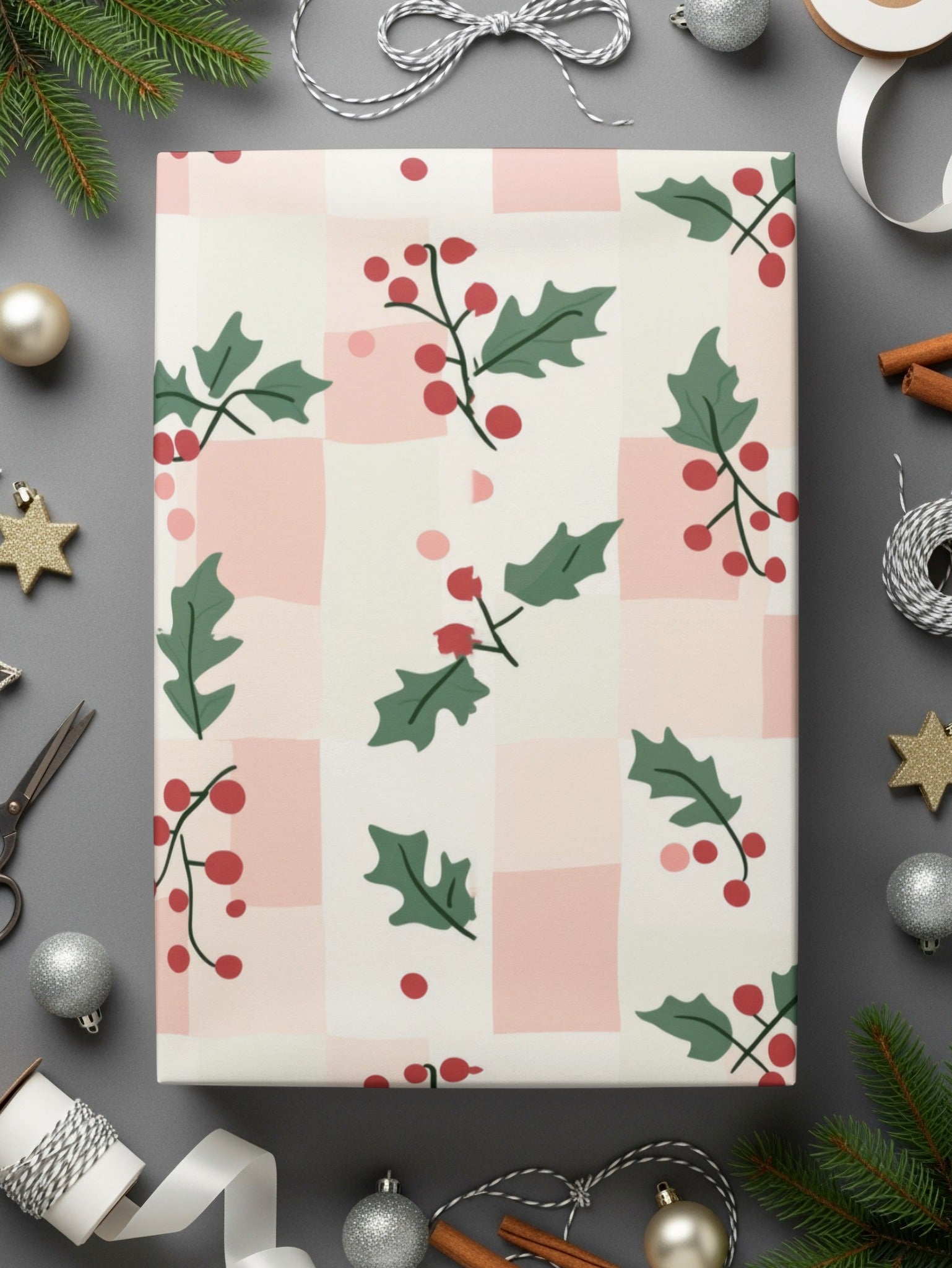 Holly Berries and Leaves Christmas Wrapping Paper