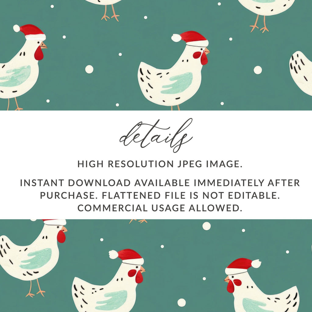 Christmas Chicken Digital Paper, Teal Holiday Pattern, Cute Rooster Print, Santa Hat Animal Illustration, Festive Wallpaper, Digital - Moore and Mountain