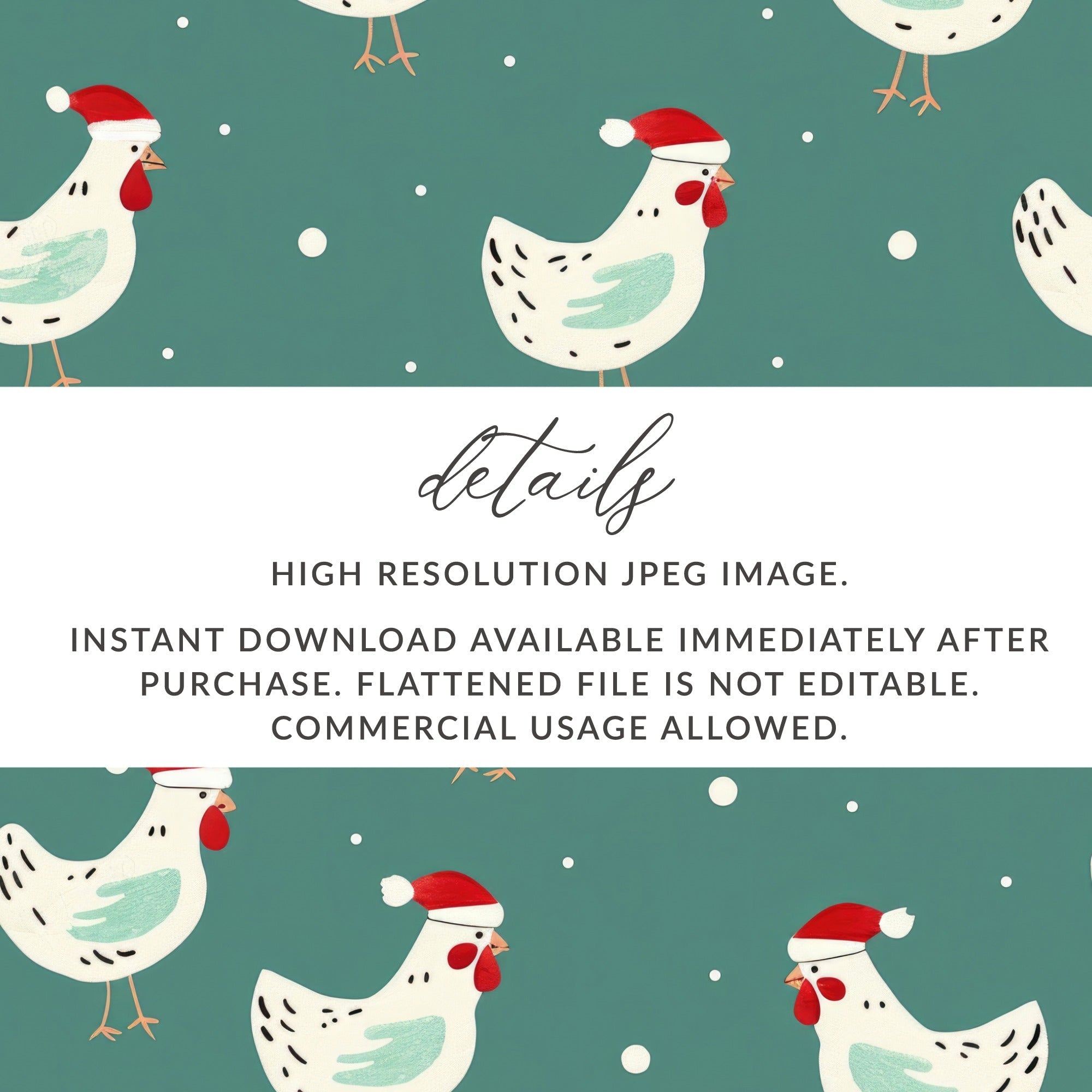 Christmas Chicken Digital Paper, Teal Holiday Pattern, Cute Rooster Print, Santa Hat Animal Illustration, Festive Wallpaper, Digital - Moore and Mountain