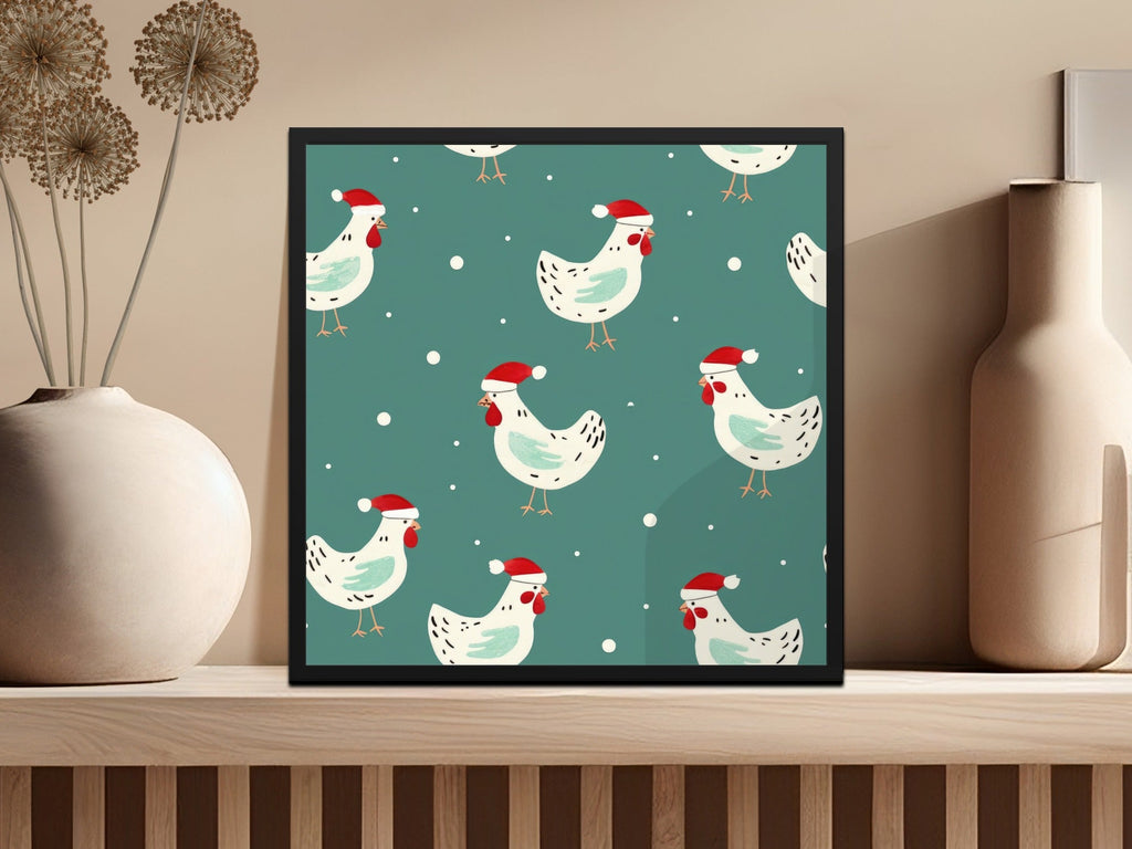 Christmas Chicken Digital Paper, Teal Holiday Pattern, Cute Rooster Print, Santa Hat Animal Illustration, Festive Wallpaper, Digital - Moore and Mountain