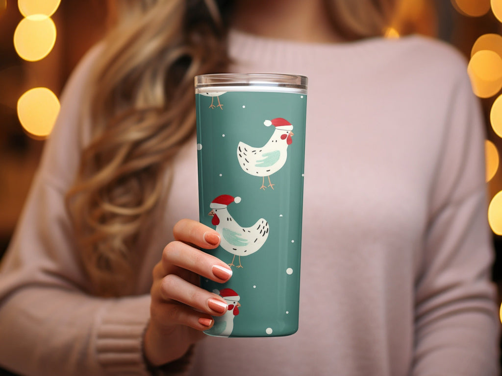 Christmas Chicken Digital Paper, Teal Holiday Pattern, Cute Rooster Print, Santa Hat Animal Illustration, Festive Wallpaper, Digital - Moore and Mountain