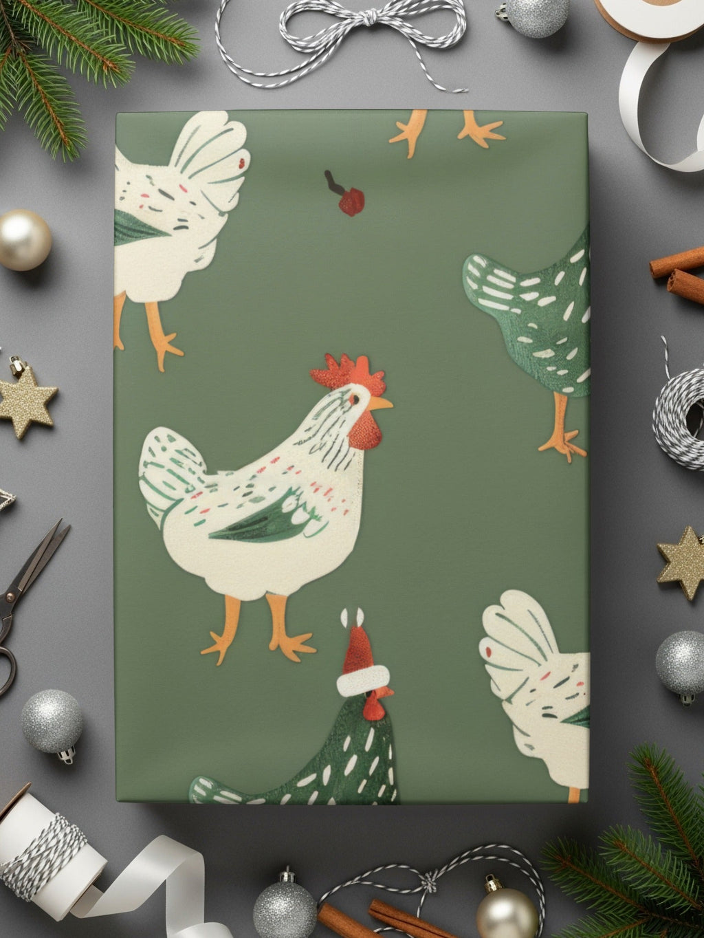 Christmas Chicken Pattern Digital Paper, Green, Red, White Holiday Seamless Design, Winter Festive Background, Farmhouse Print, Christmas - Moore and Mountain