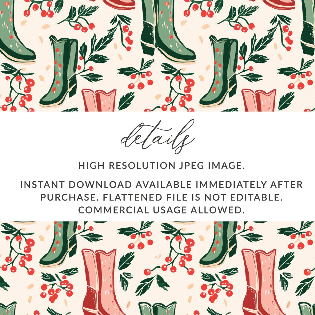 Digital Cowboy Boots and Berries Seamless Pattern, Christmas, Autumn Digital Paper, 12x12 JPEG File, Fabric Design, Scrapbooking - Moore and Mountain
