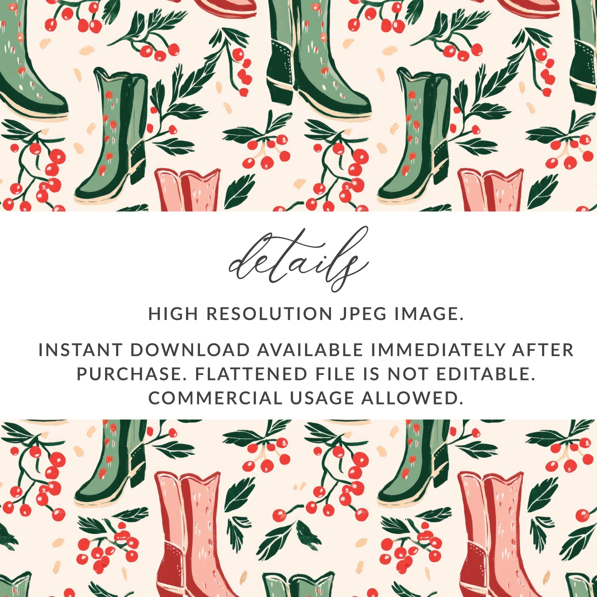 Digital Cowboy Boots and Berries Seamless Pattern, Christmas, Autumn Digital Paper, 12x12 JPEG File, Fabric Design, Scrapbooking - Moore and Mountain