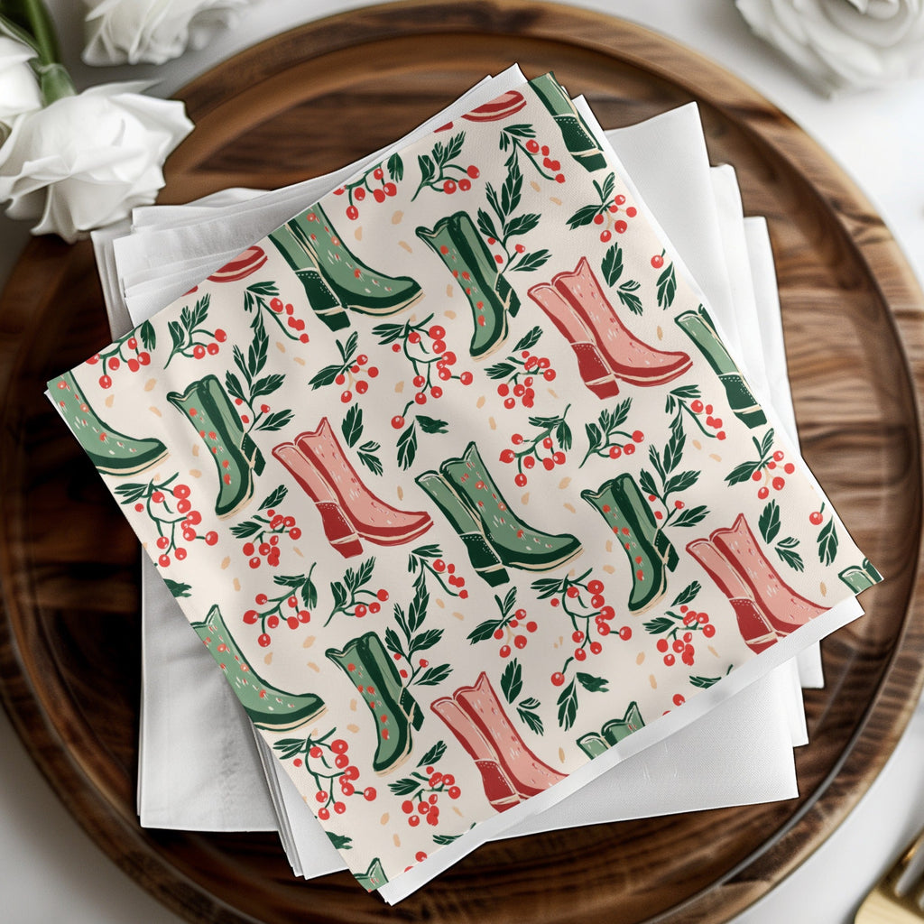 Digital Cowboy Boots and Berries Seamless Pattern, Christmas, Autumn Digital Paper, 12x12 JPEG File, Fabric Design, Scrapbooking - Moore and Mountain