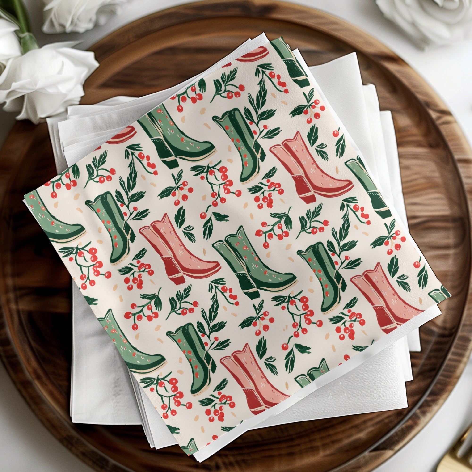 Digital Cowboy Boots and Berries Seamless Pattern, Christmas, Autumn Digital Paper, 12x12 JPEG File, Fabric Design, Scrapbooking - Moore and Mountain