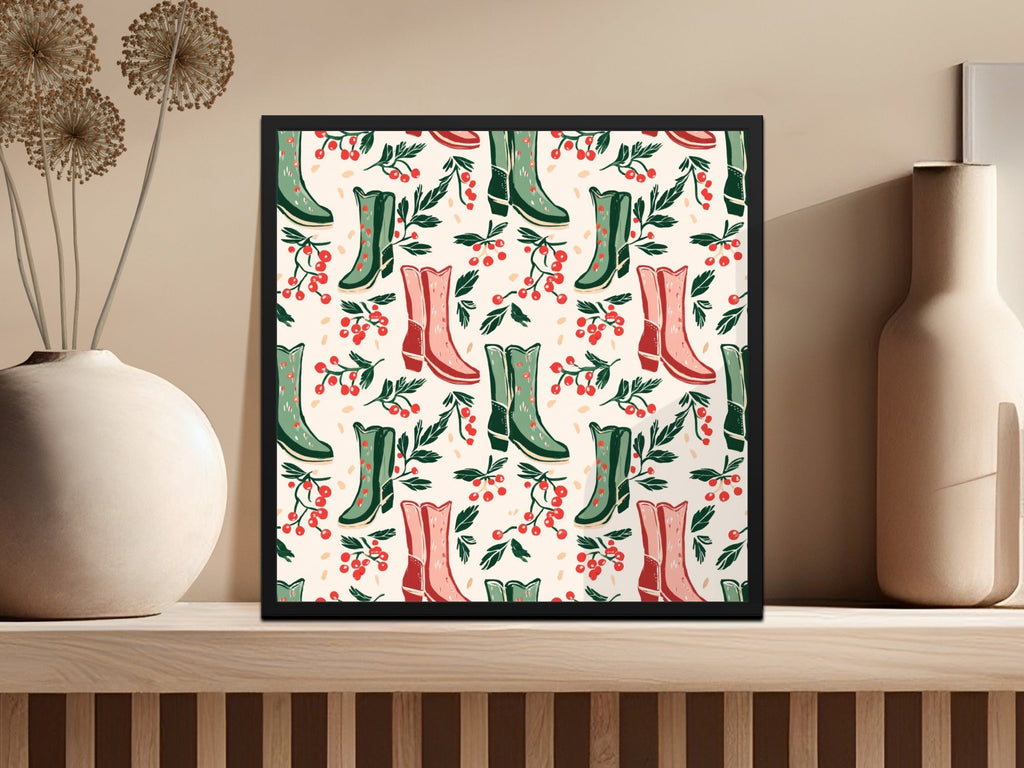 Digital Cowboy Boots and Berries Seamless Pattern, Christmas, Autumn Digital Paper, 12x12 JPEG File, Fabric Design, Scrapbooking - Moore and Mountain