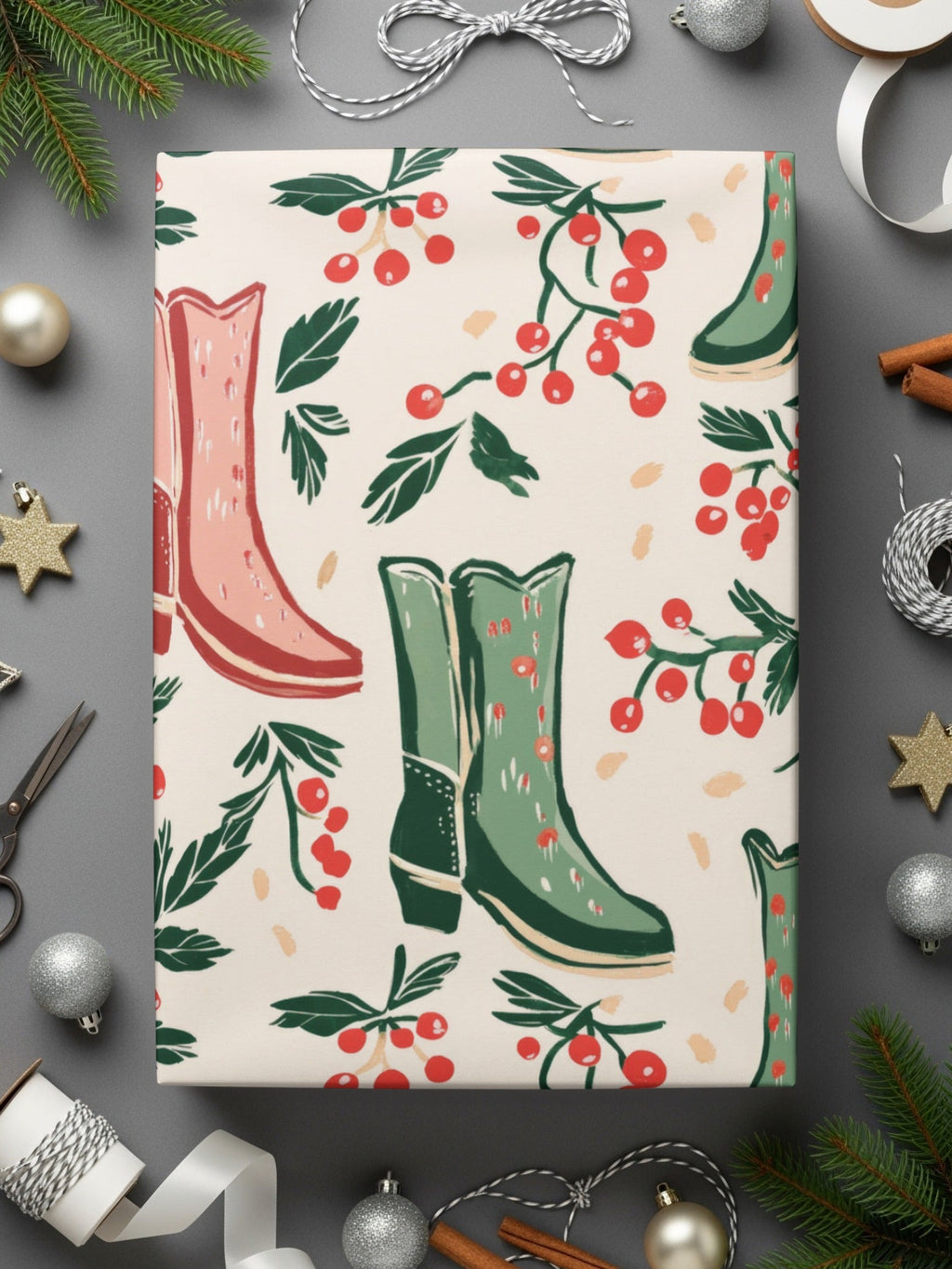 Digital Cowboy Boots and Berries Seamless Pattern, Christmas, Autumn Digital Paper, 12x12 JPEG File, Fabric Design, Scrapbooking - Moore and Mountain