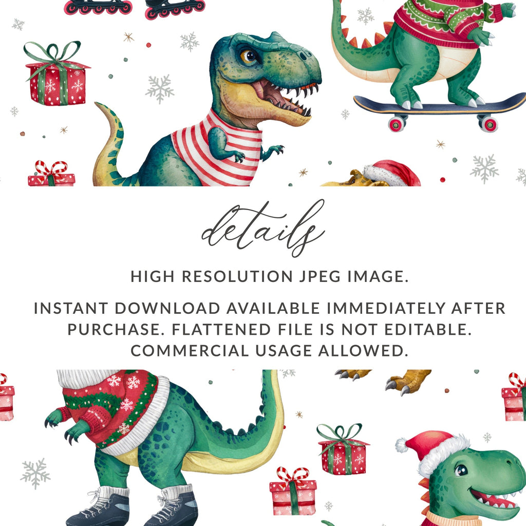 Christmas Dinosaur Digital Paper, Pattern for Boys, Winter Animal Print, Holiday Cute T Rex Background, Gift Wrap - Moore and Mountain