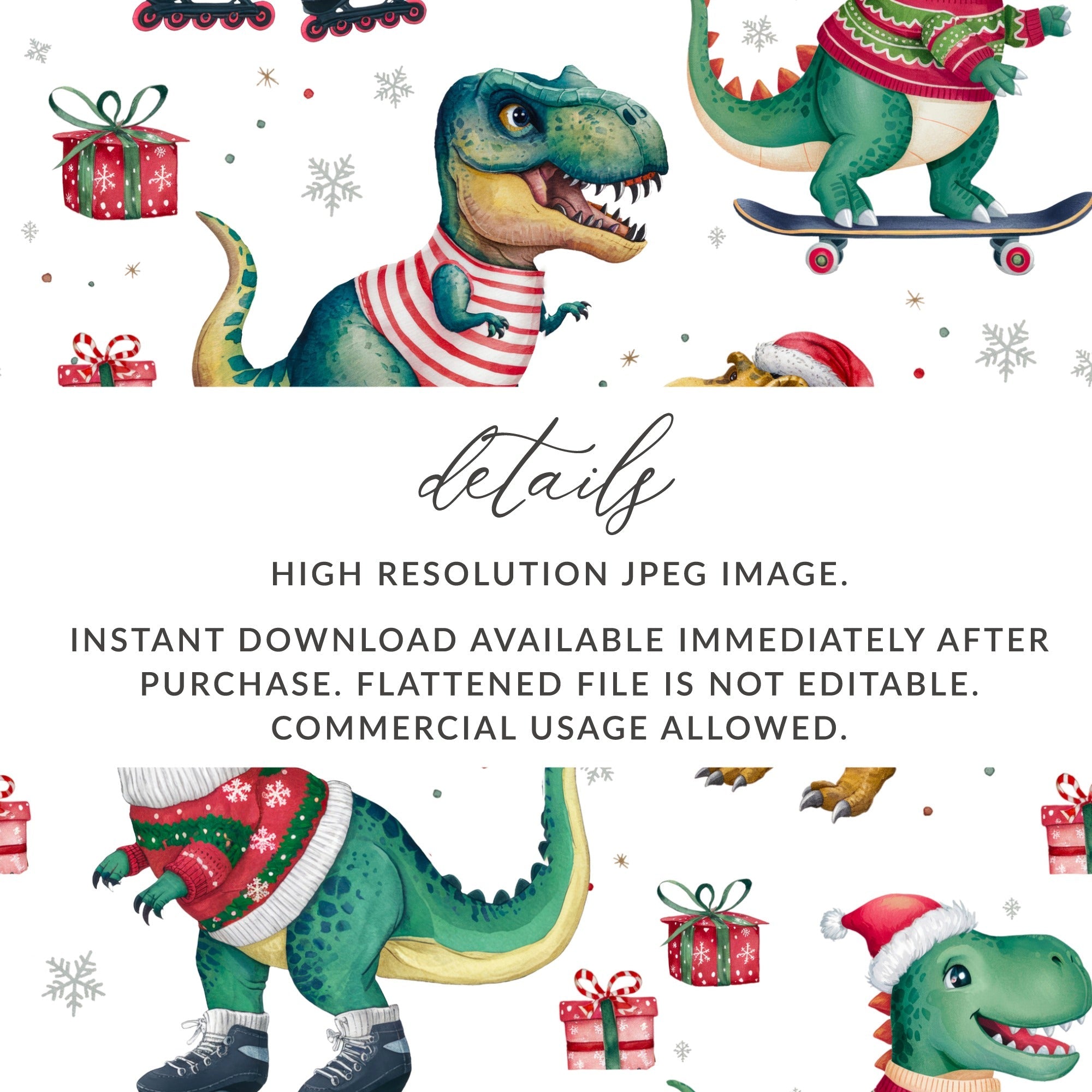 Christmas Dinosaur Digital Paper, Pattern for Boys, Winter Animal Print, Holiday Cute T Rex Background, Gift Wrap - Moore and Mountain