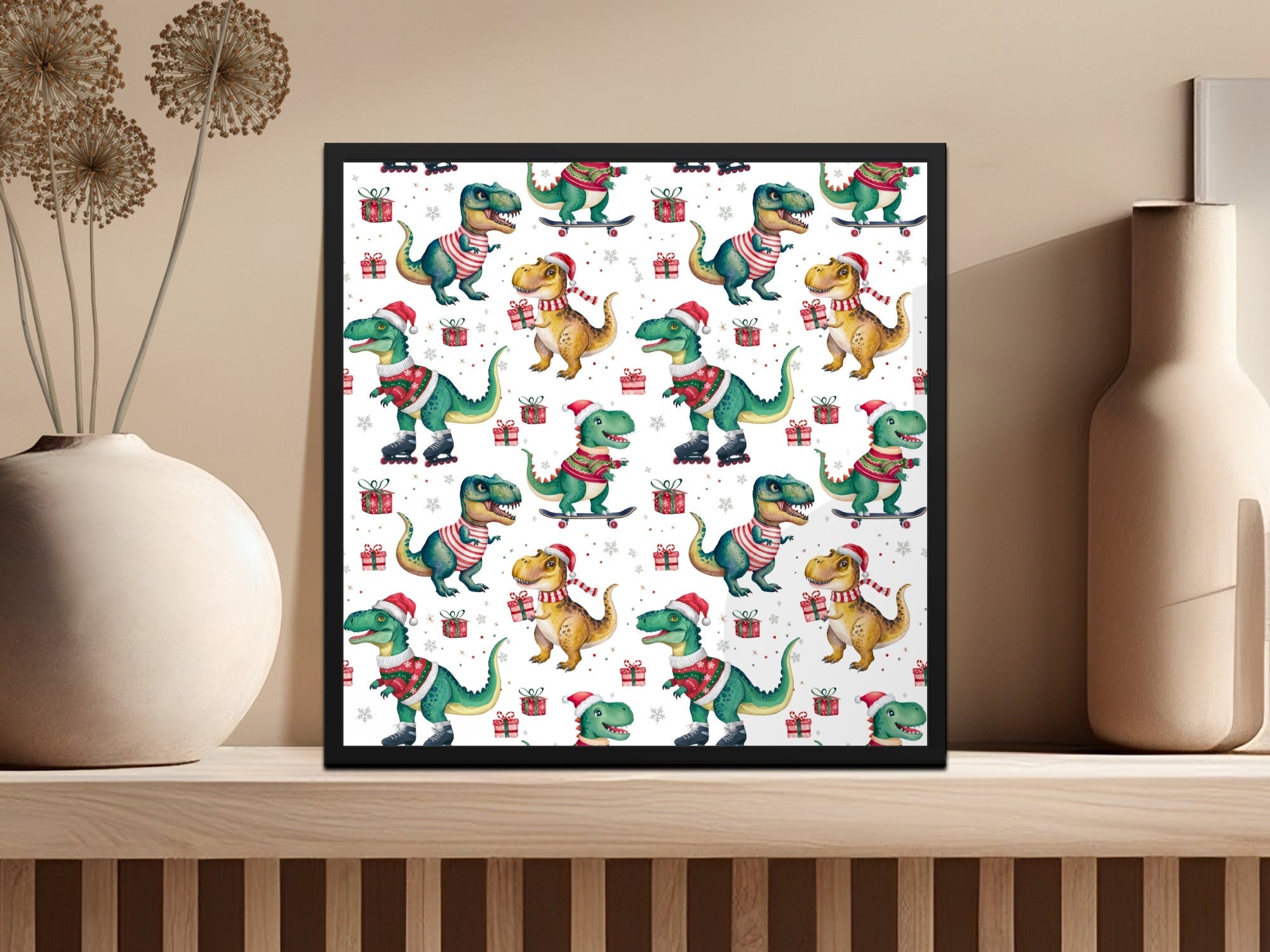 Christmas Dinosaur Digital Paper, T Rex, Green, Red, Holiday Pattern, Winter Seamless Pattern, Festive Print, Digital Download - Moore and Mountain
