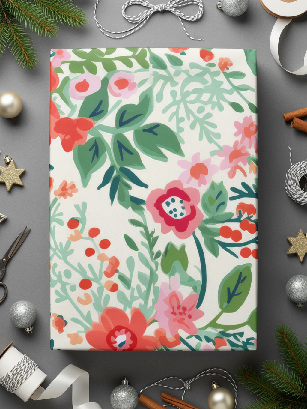 Festive Floral Gift Wrap with Red Green and Pink Pattern