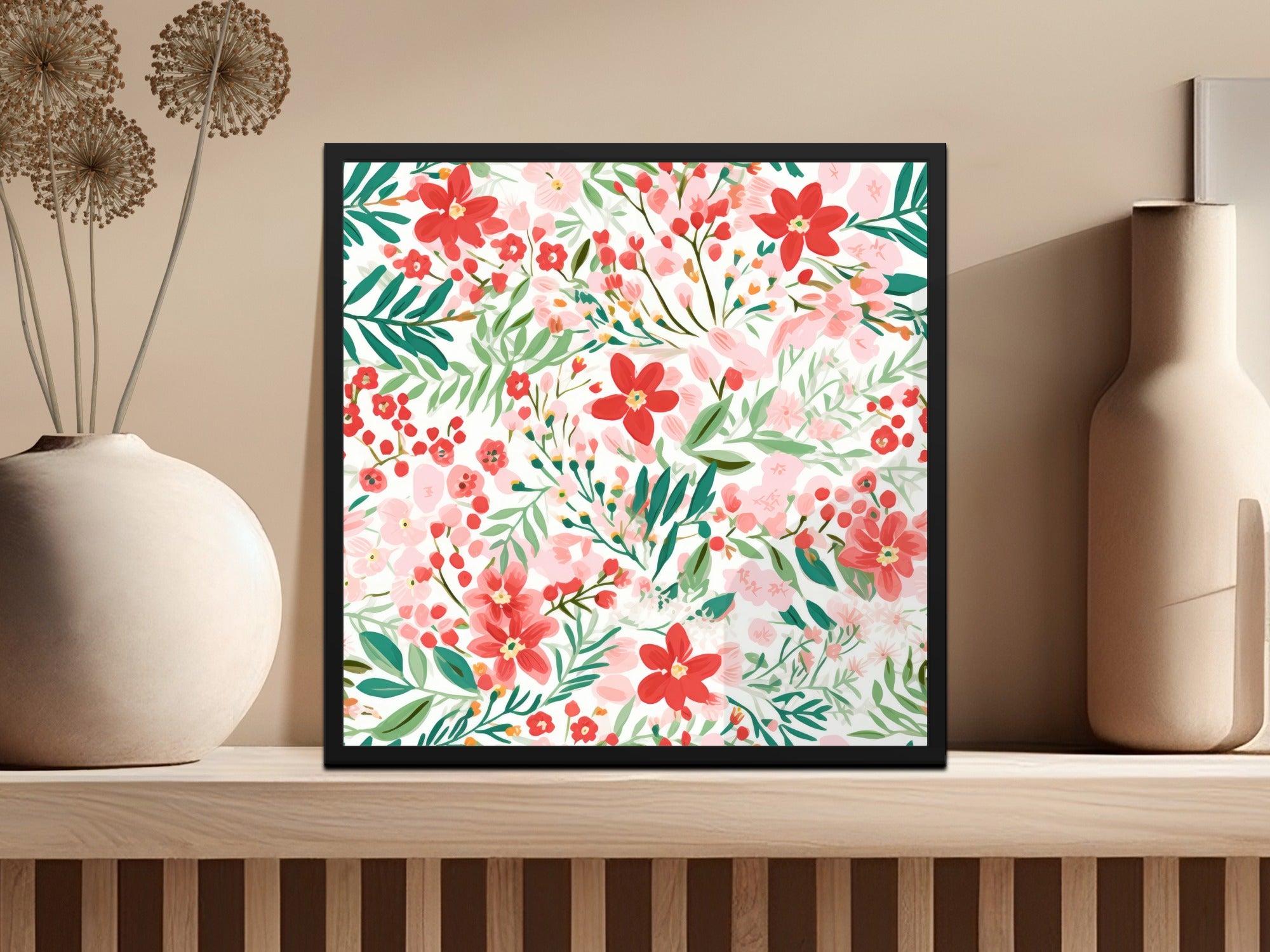 Vibrant Floral Art Print with Red and Pink Blossoms