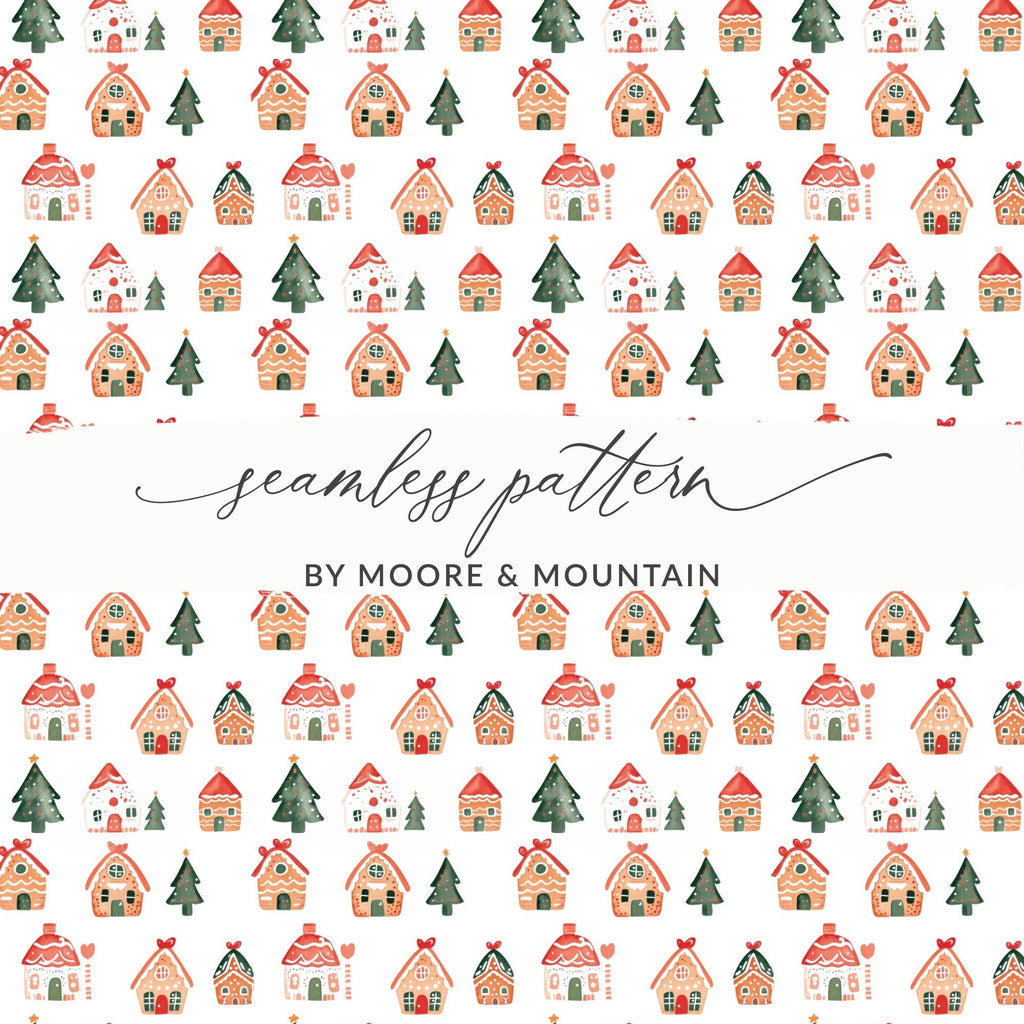 Christmas Gingerbread Houses Pine Trees Pattern Repeat Digital - Moore and Mountain