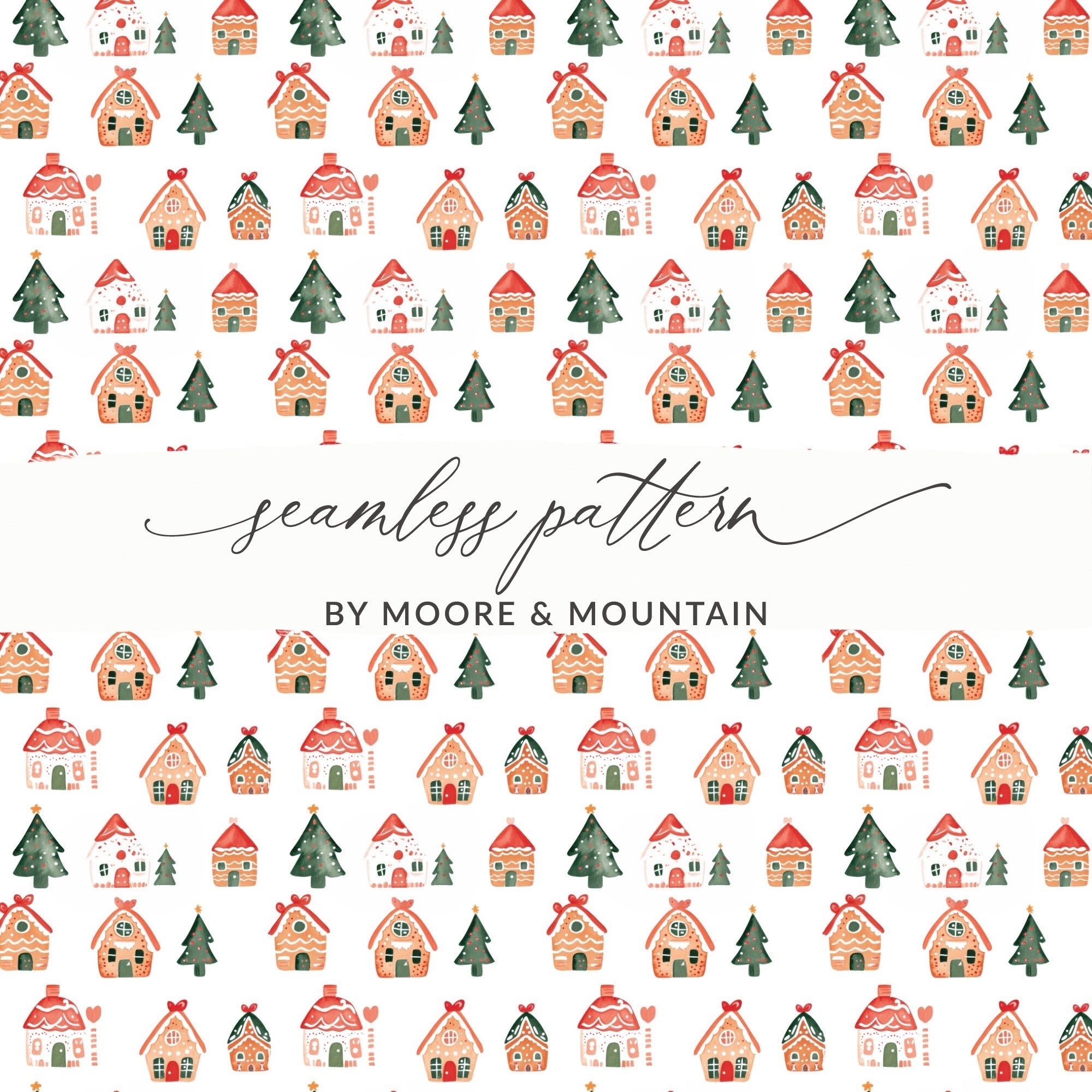 Christmas Gingerbread Houses Pine Trees Pattern Repeat Digital - Moore and Mountain