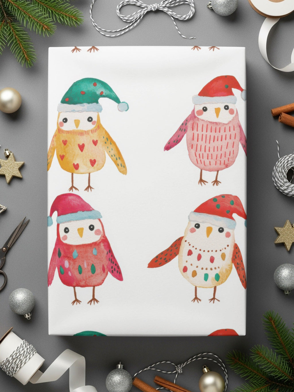 Christmas Owls With Santa Hats Cute Seamless Pattern Digital - Moore and Mountain