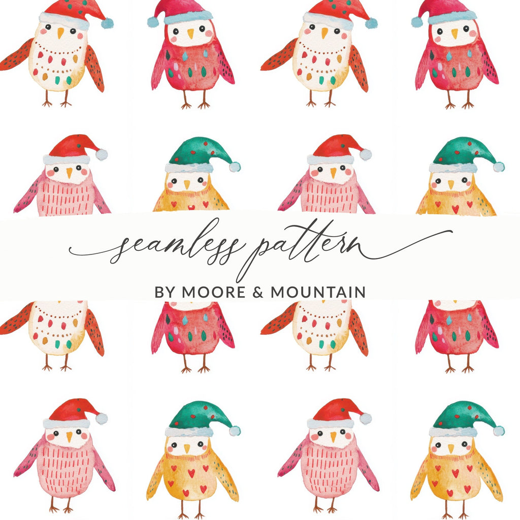 Christmas Owls With Santa Hats Cute Seamless Pattern Digital - Moore and Mountain