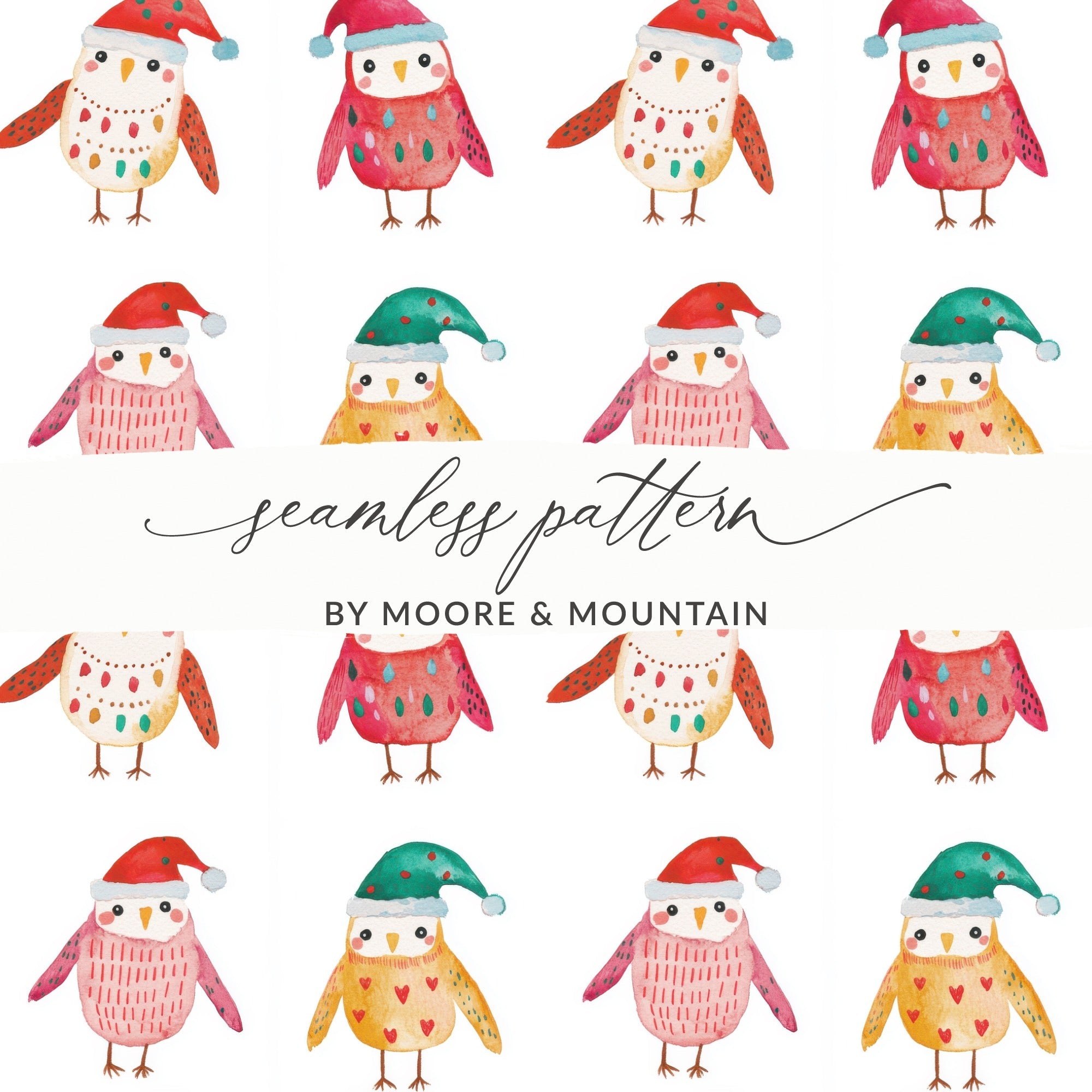 Christmas Owls With Santa Hats Cute Seamless Pattern Digital - Moore and Mountain