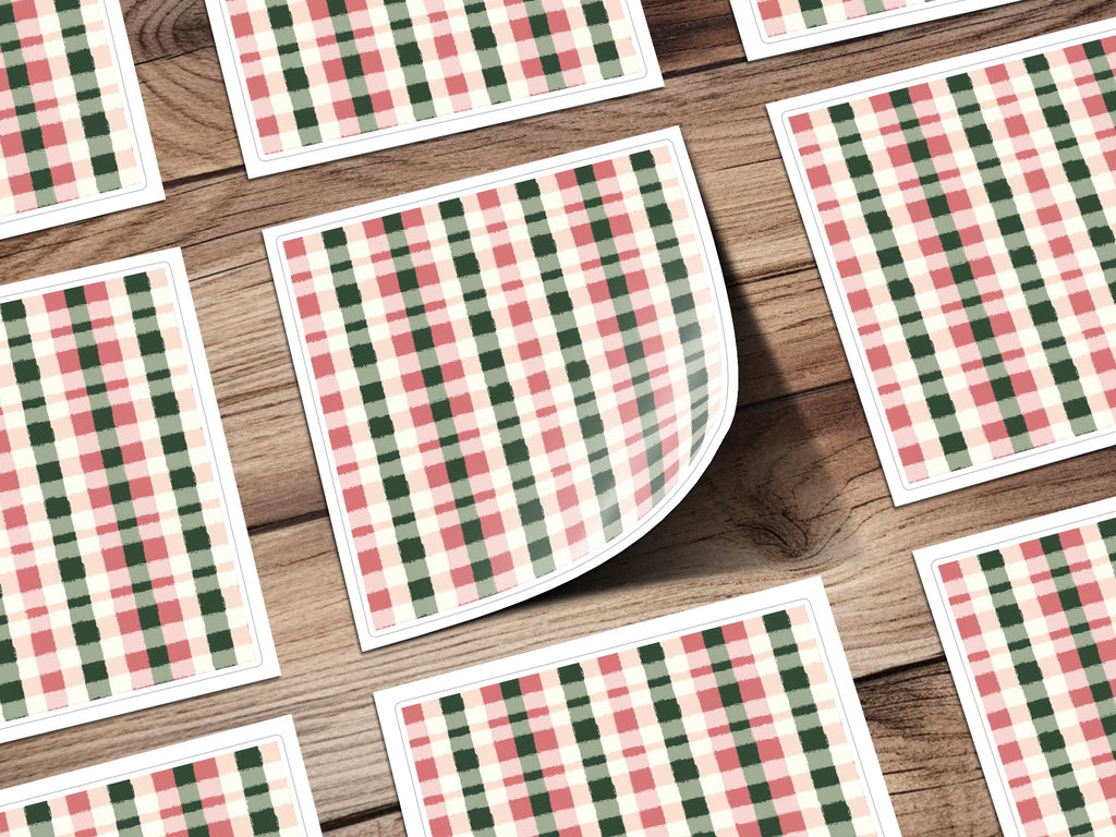 Red Green Plaid Pattern on Wooden Background Sticker