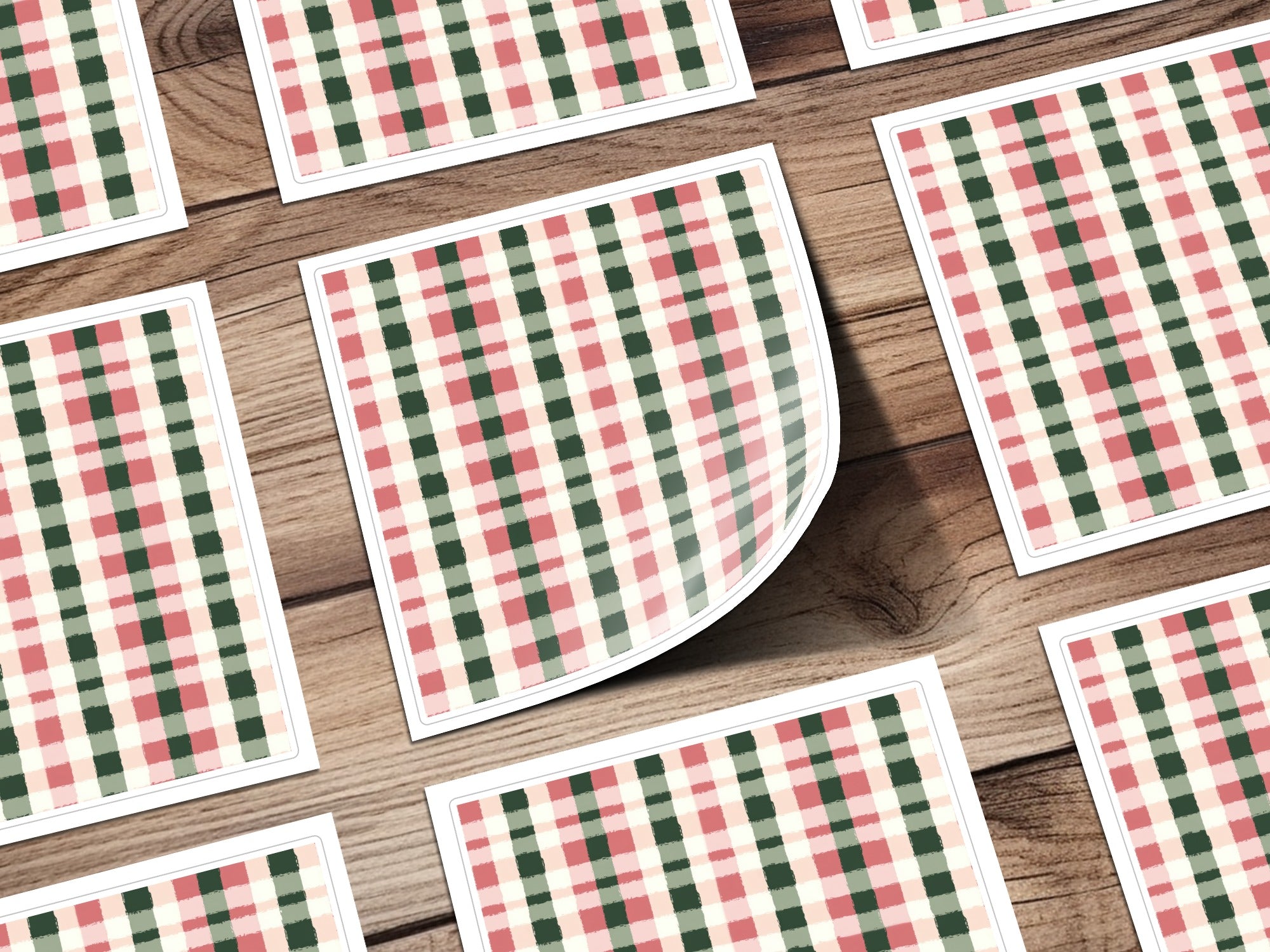 Red Green Plaid Pattern on Wooden Background Sticker