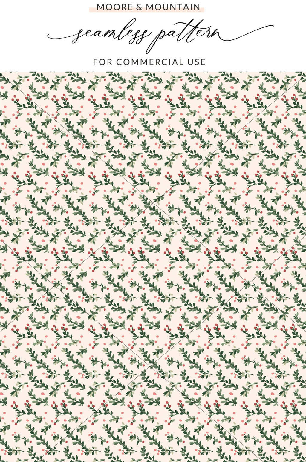 Seamless Pattern with Red Berries and Green Leaves