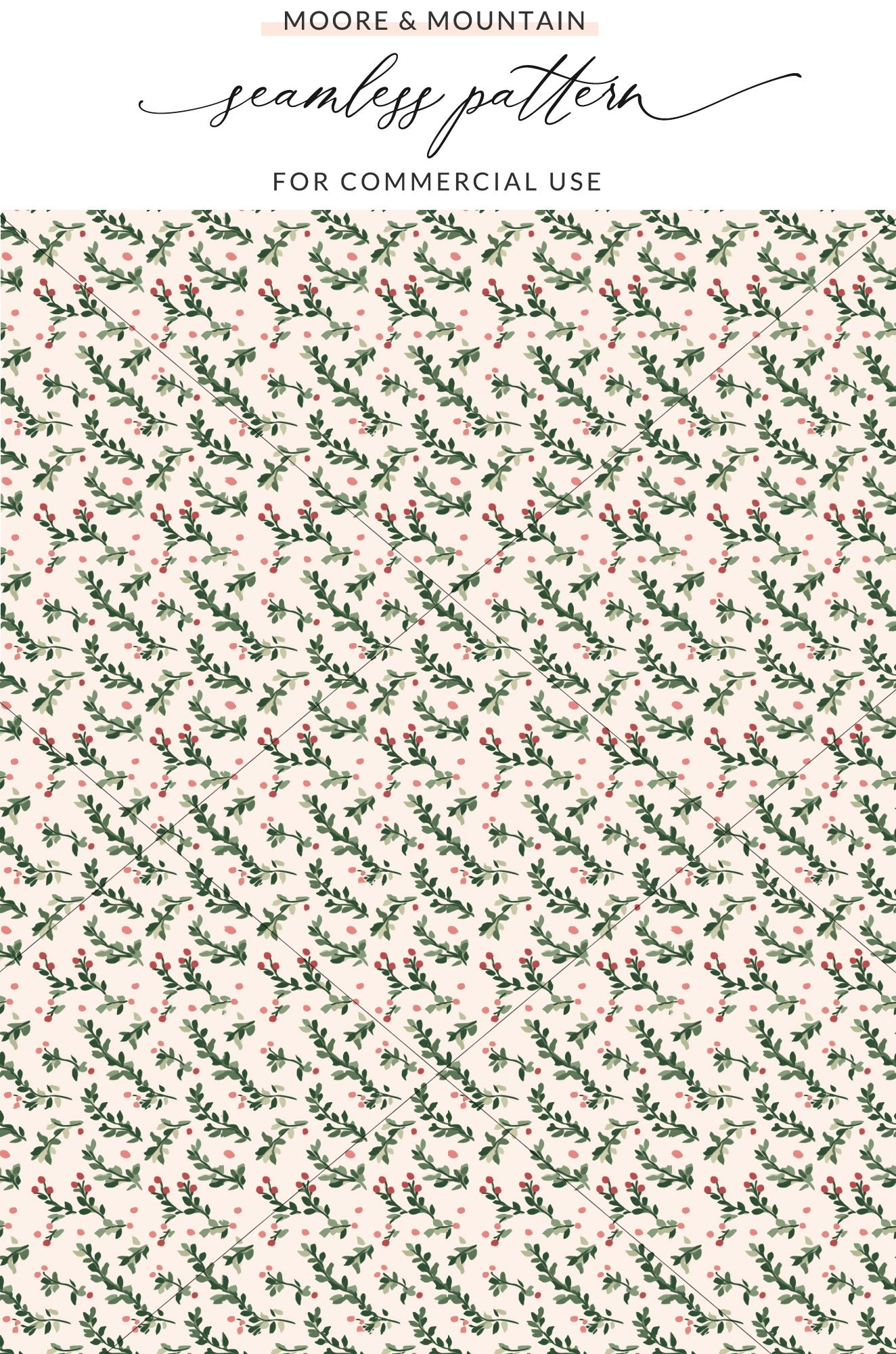 Seamless Pattern with Red Berries and Green Leaves