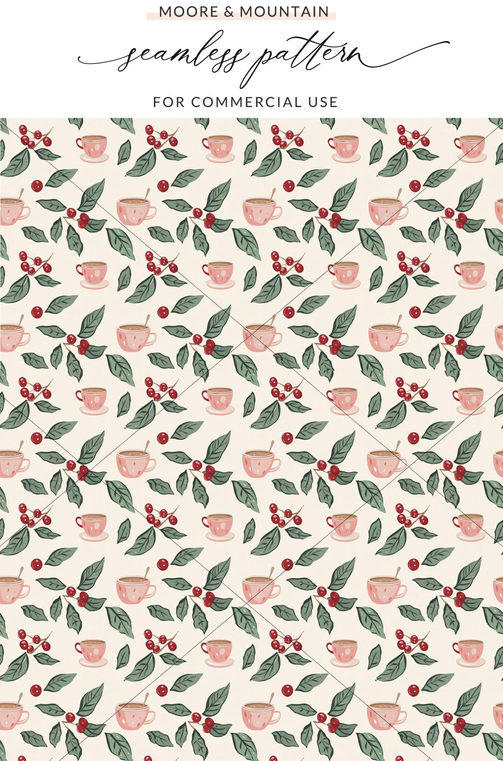 Coffee Cups and Red Berries Seamless Pattern Template