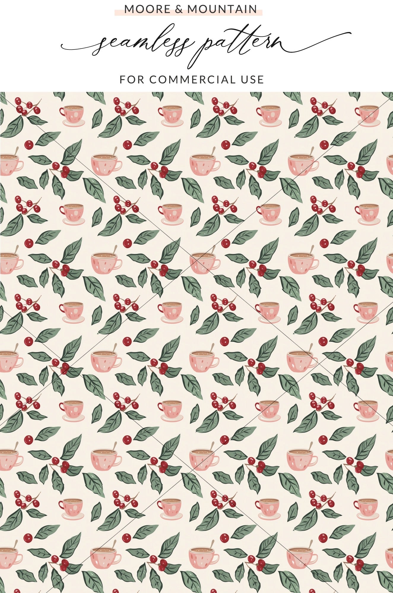Coffee Cups and Red Berries Seamless Pattern Template