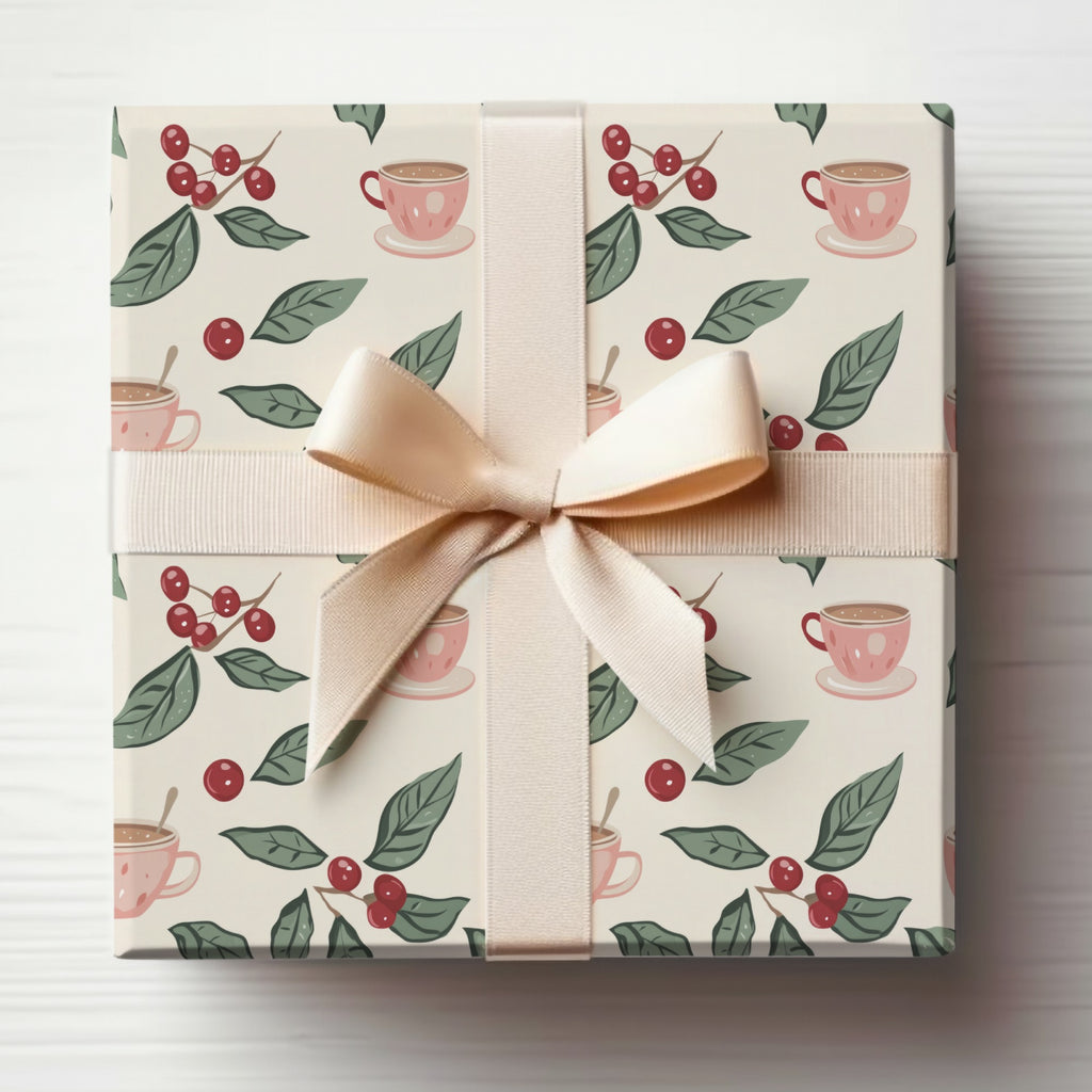 Cute Coffee Cup and Leaf Pattern Gift Wrap Paper